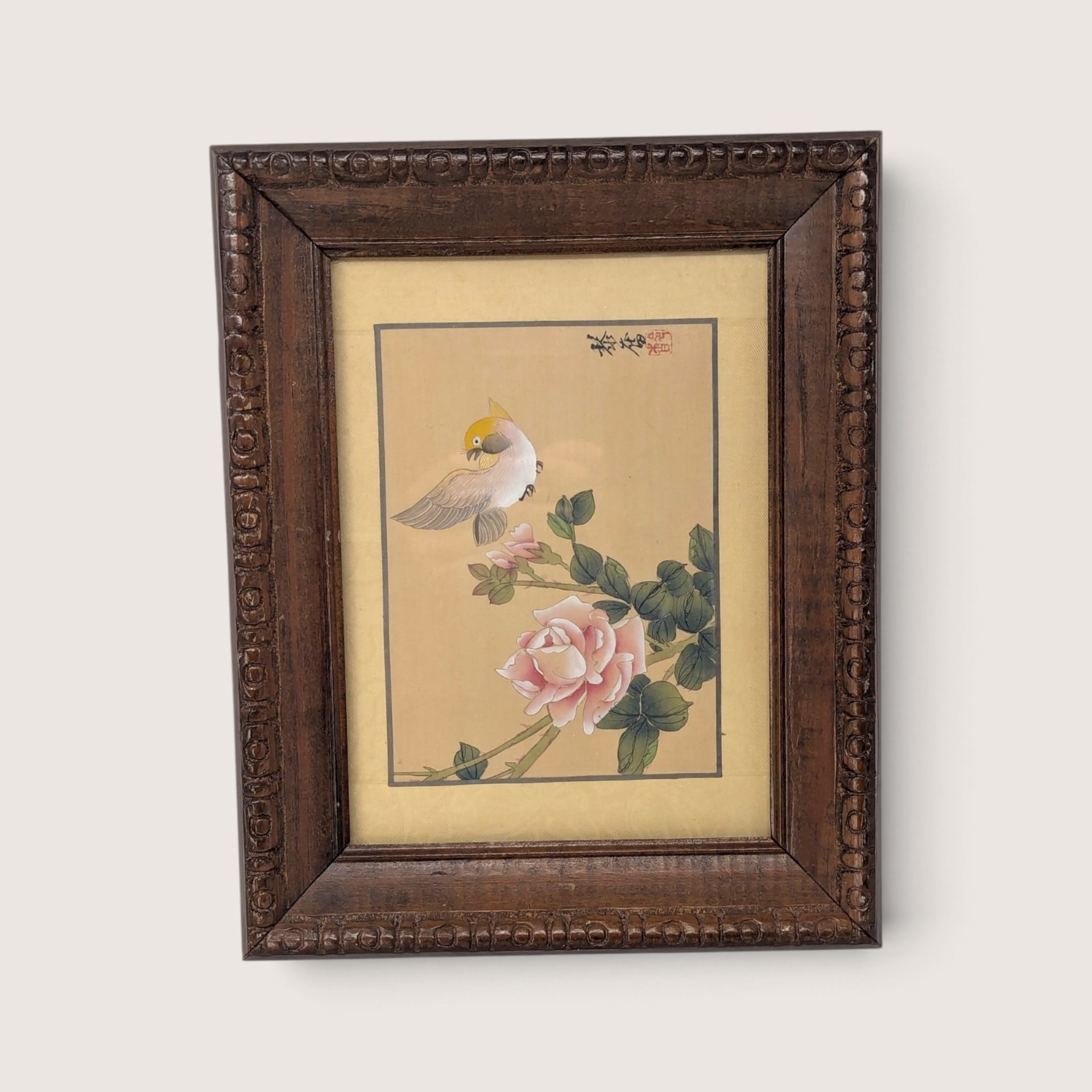Vintage Asian Wood Framed Botanical Bird Art Prints Pair
