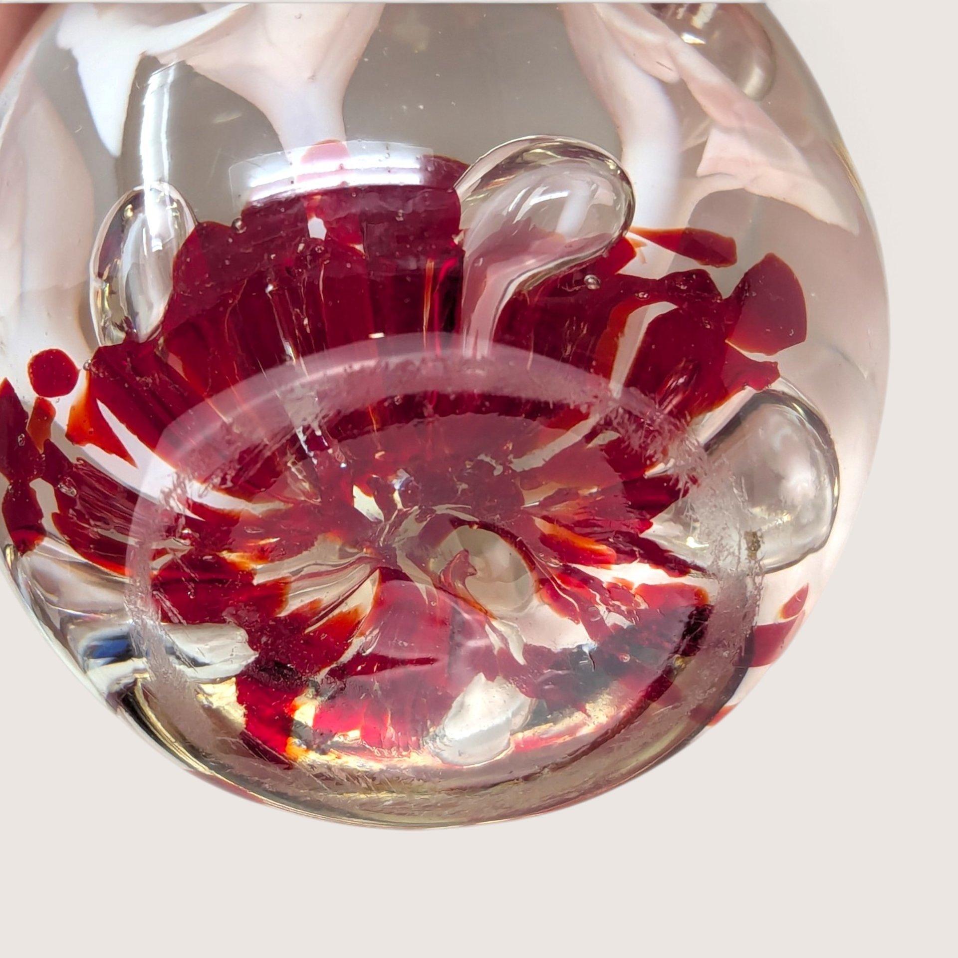Vintage Red and White Glass Flower Paperweight