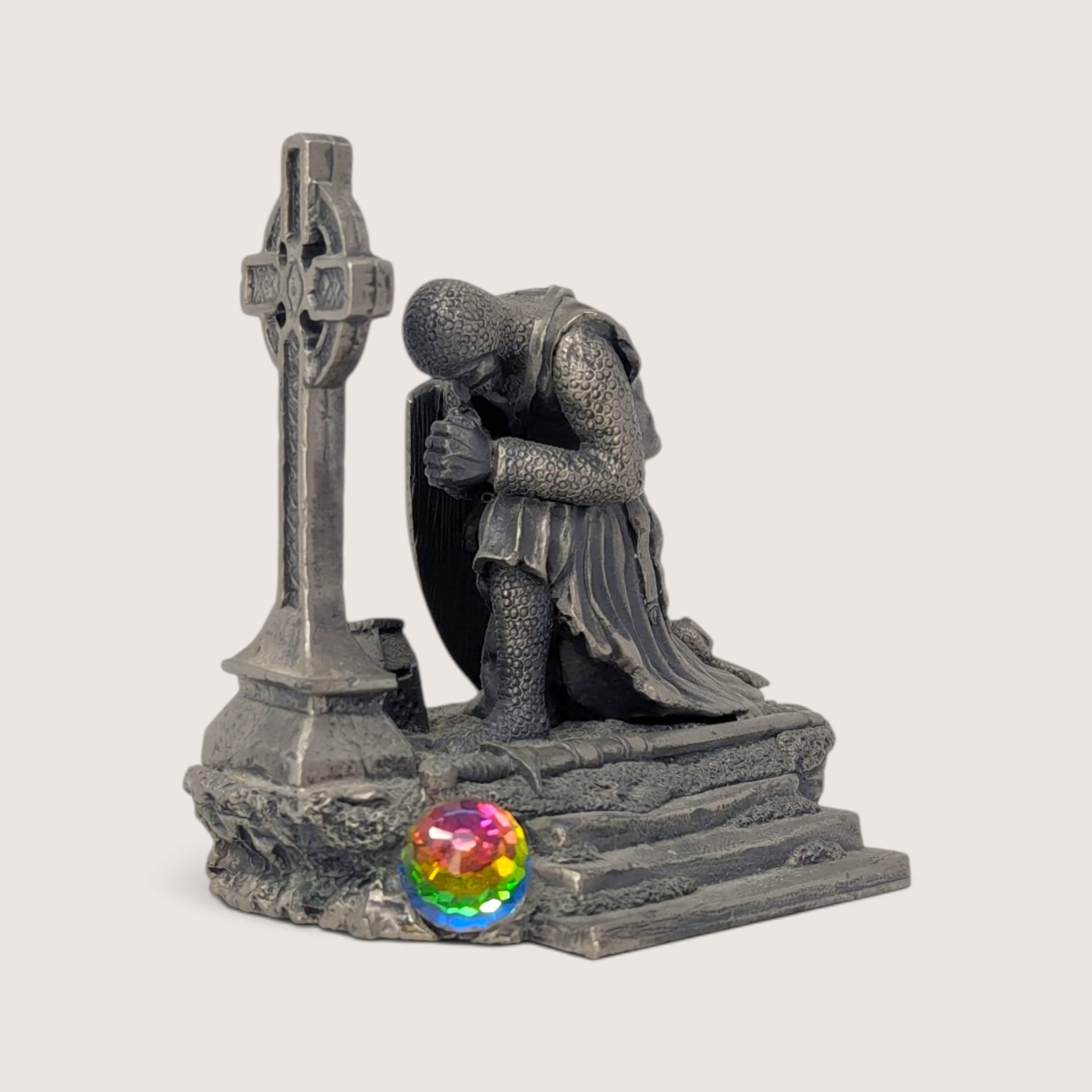 Vintage Fantasy and Legend pewter figurine of Sir Galahad kneeling in prayer before a cross.