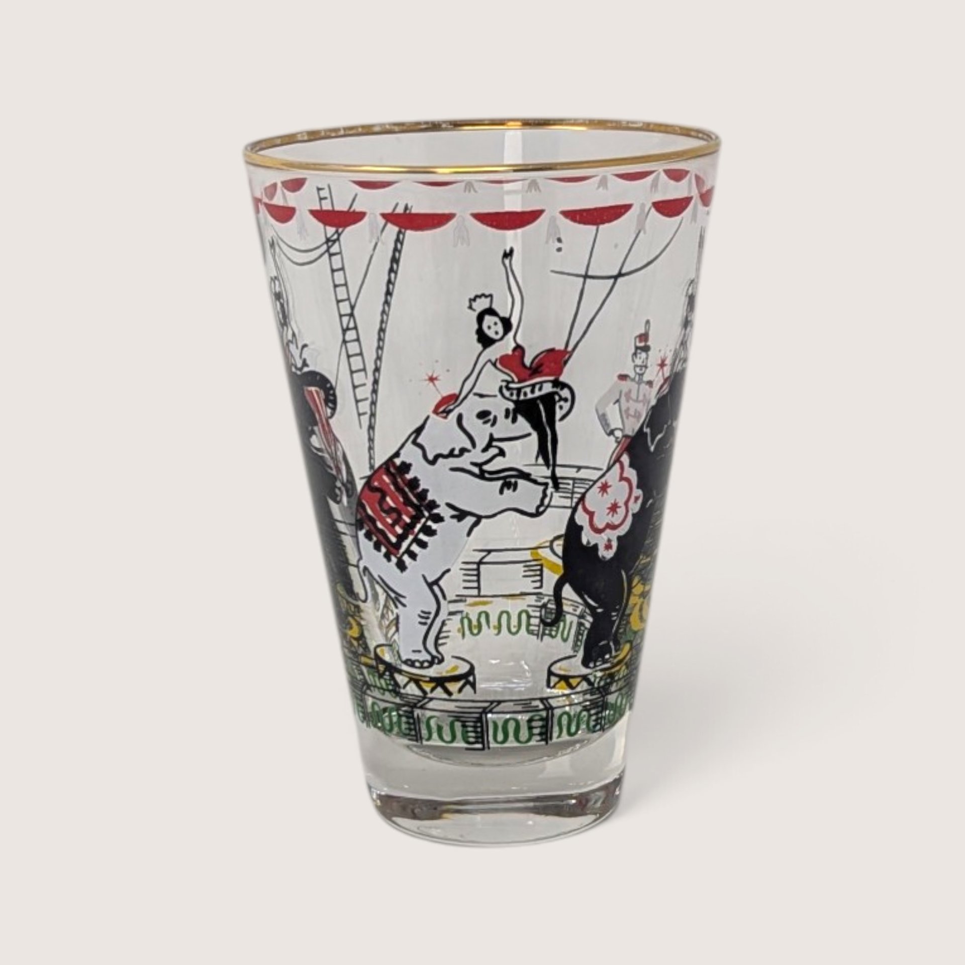 Vintage Set of 7 Clear Glass Circus Tumbler Set With Gold Trim
