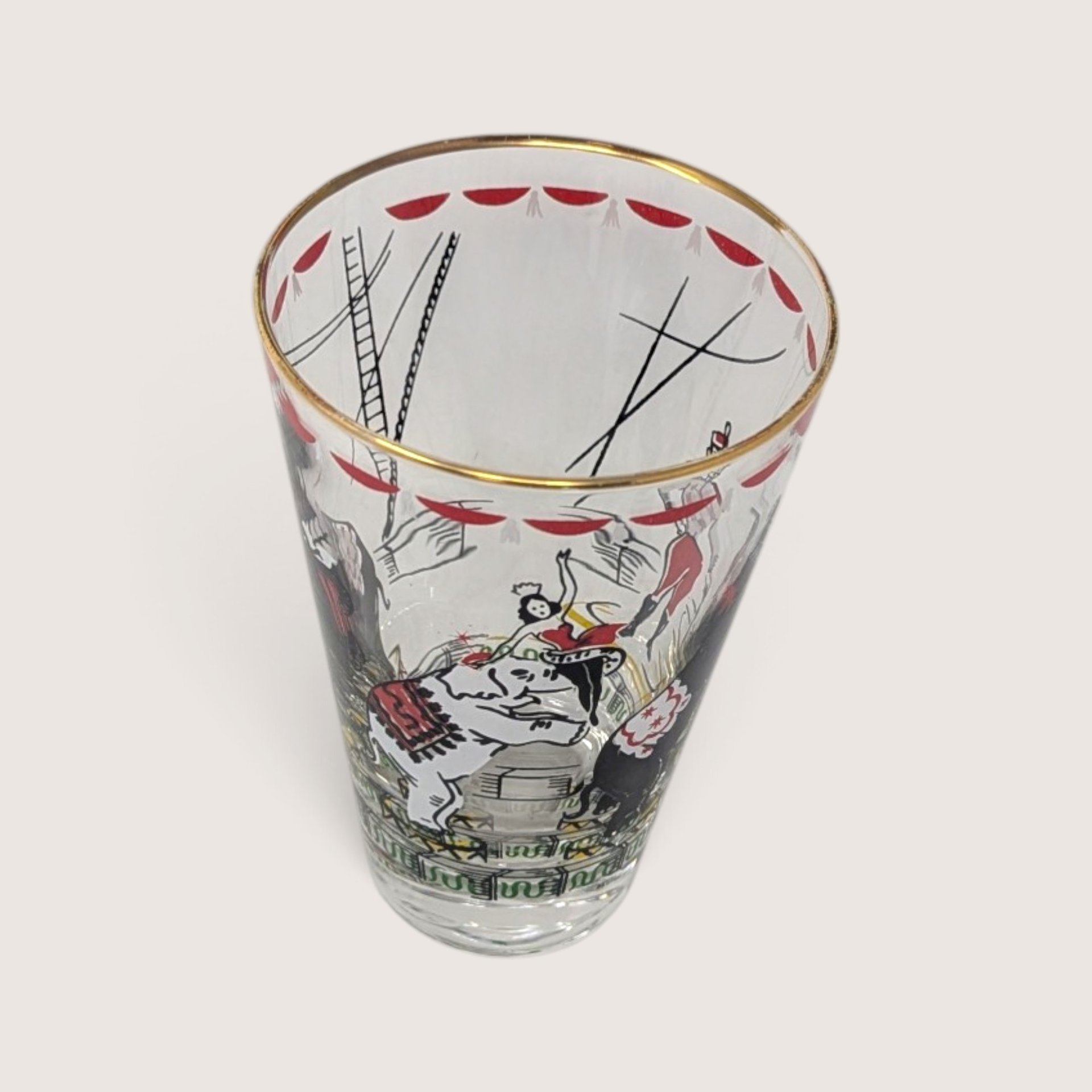 Vintage Set of 7 Clear Glass Circus Tumbler Set With Gold Trim