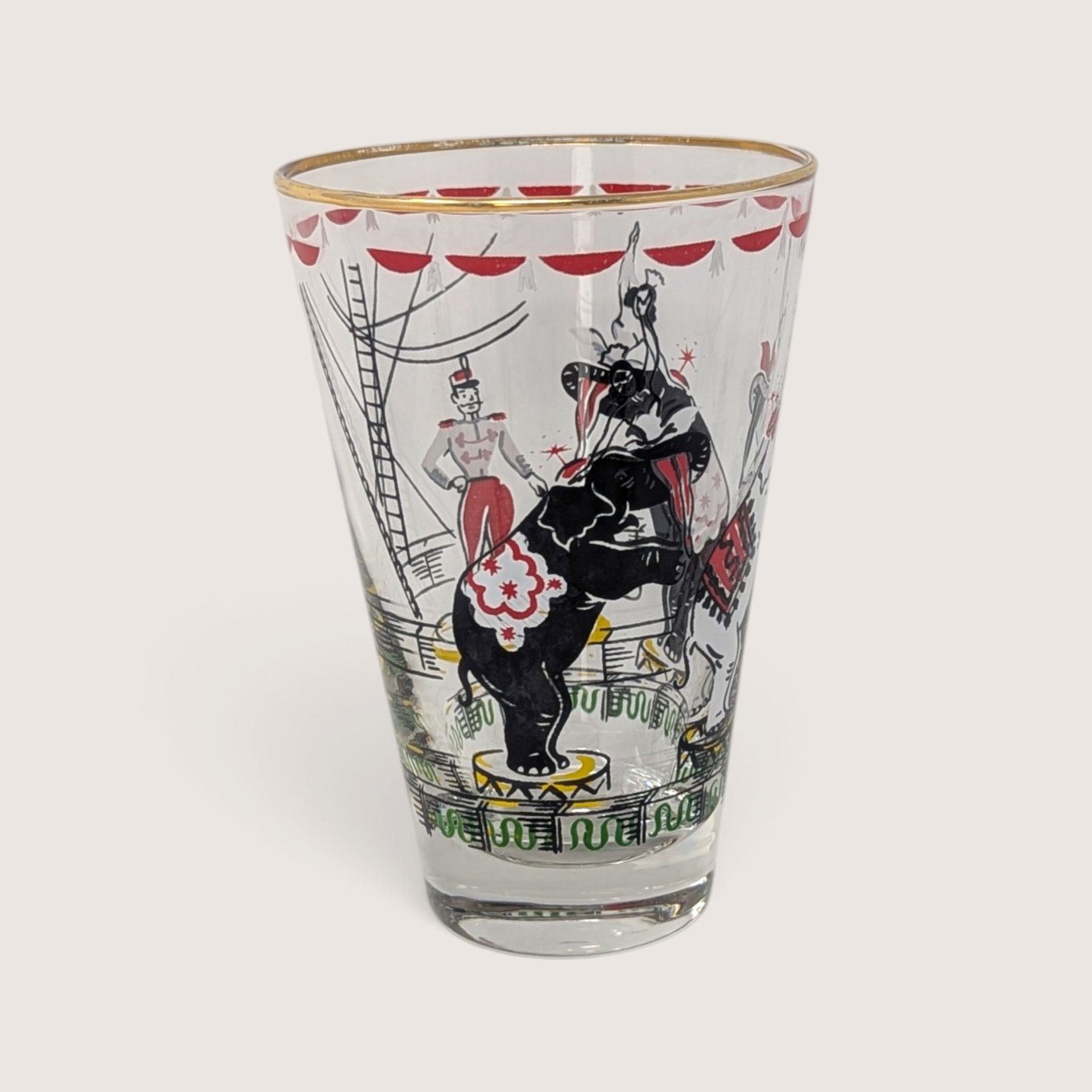 Vintage Set of 7 Clear Glass Circus Tumbler Set With Gold Trim