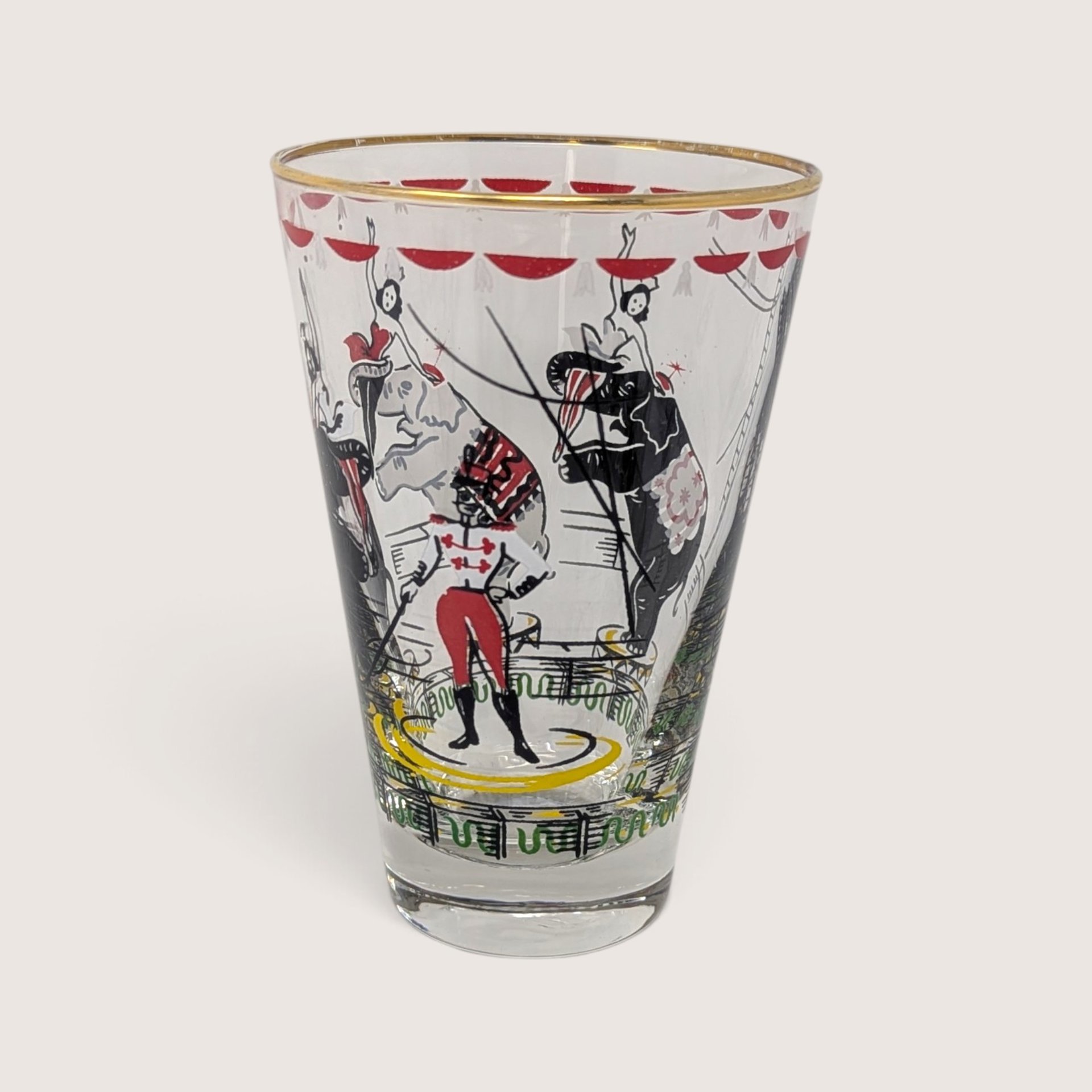 Vintage Set of 7 Clear Glass Circus Tumbler Set With Gold Trim