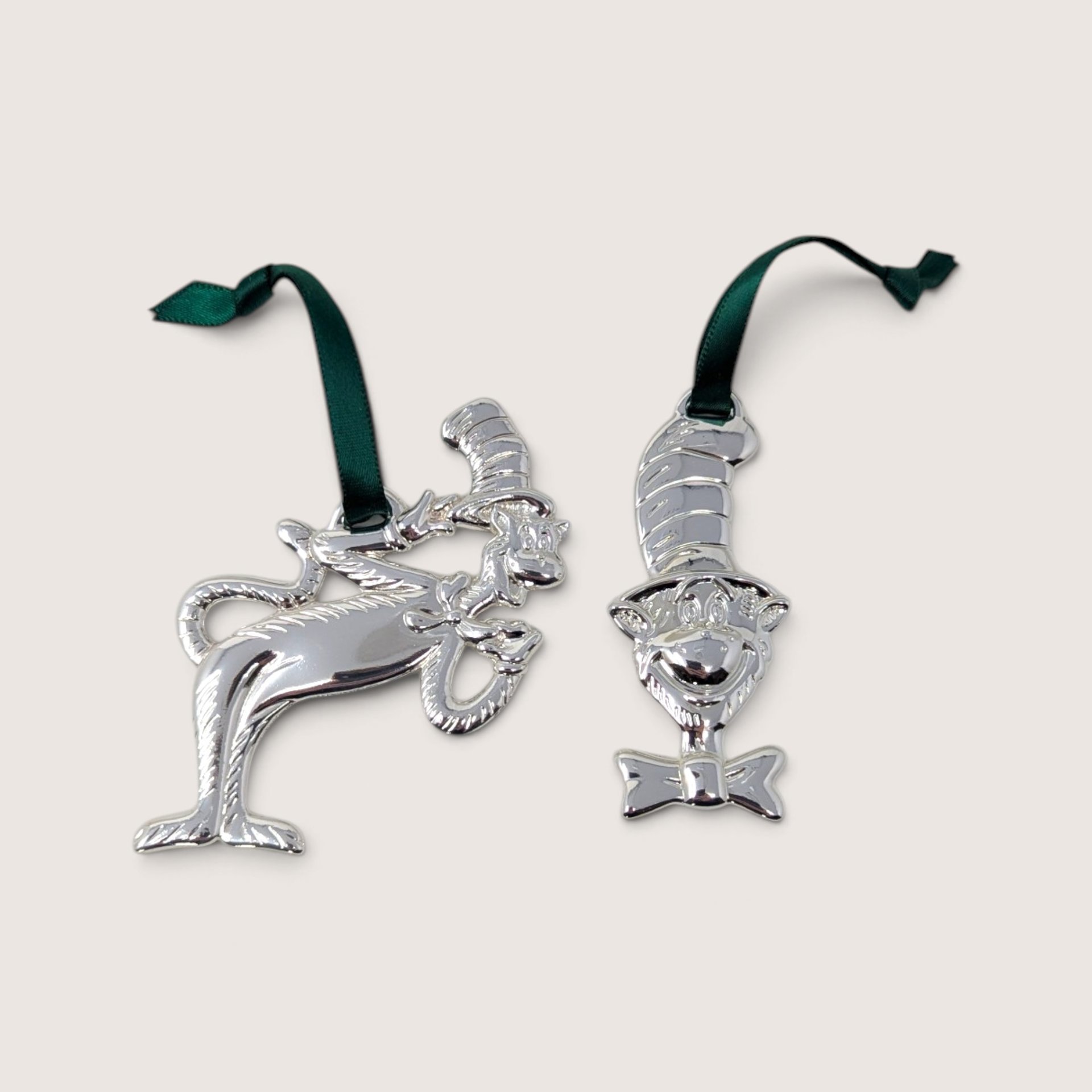 Vintage Cat in the Hat Silver Plated Ornament Pair