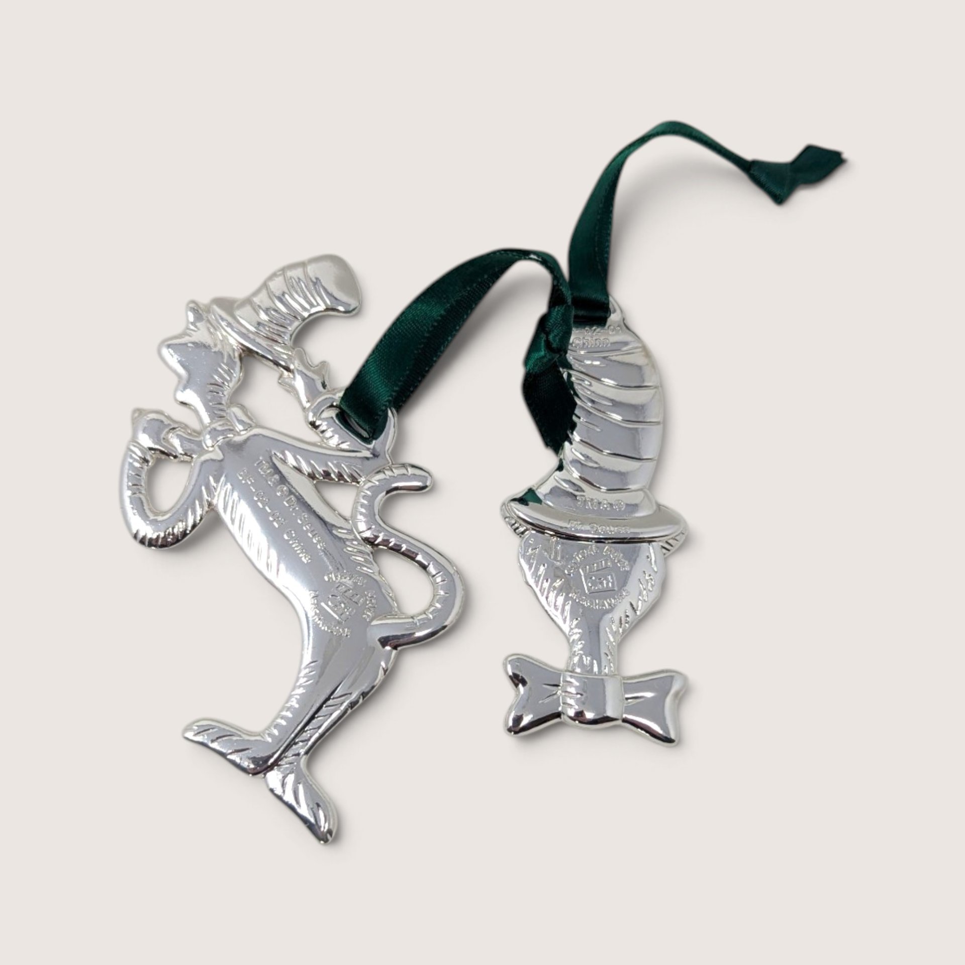 Vintage Cat in the Hat Silver Plated Ornament Pair