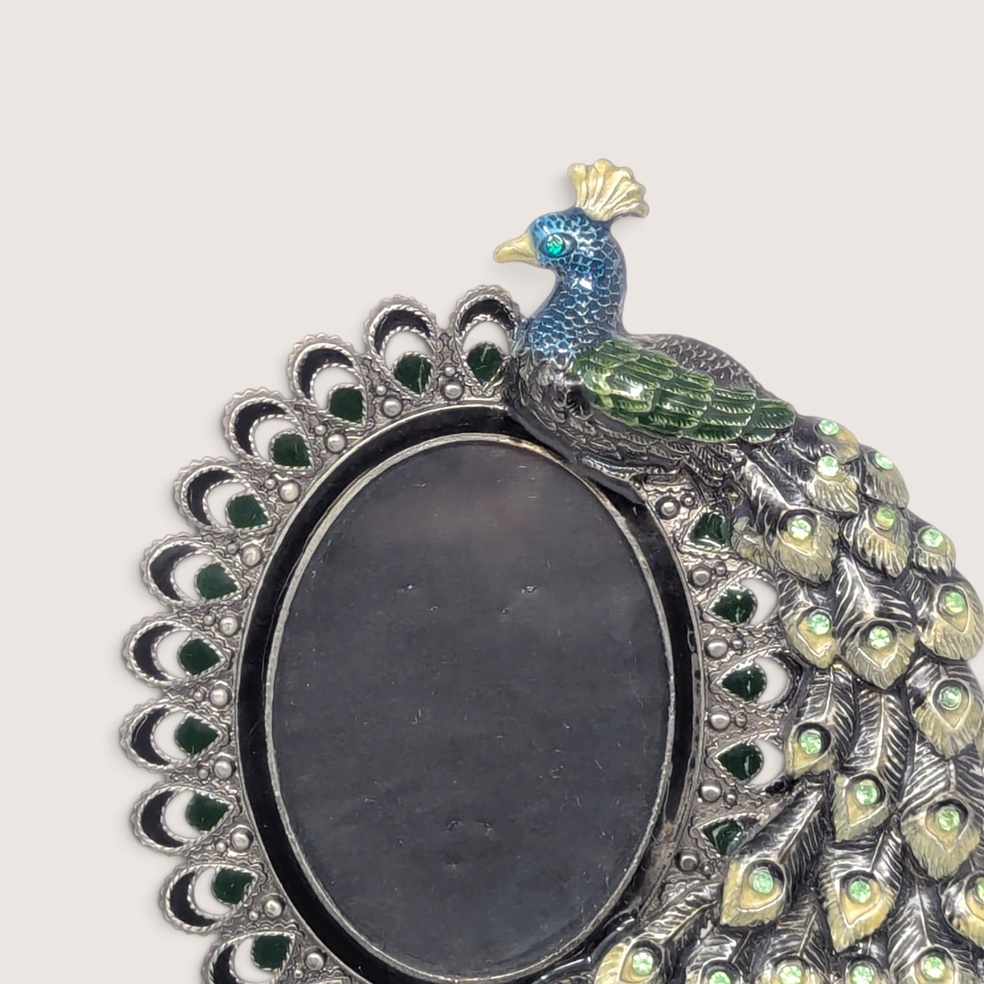 Vintage Enamelled Rhinestone Peacock Metal Photo Frame
