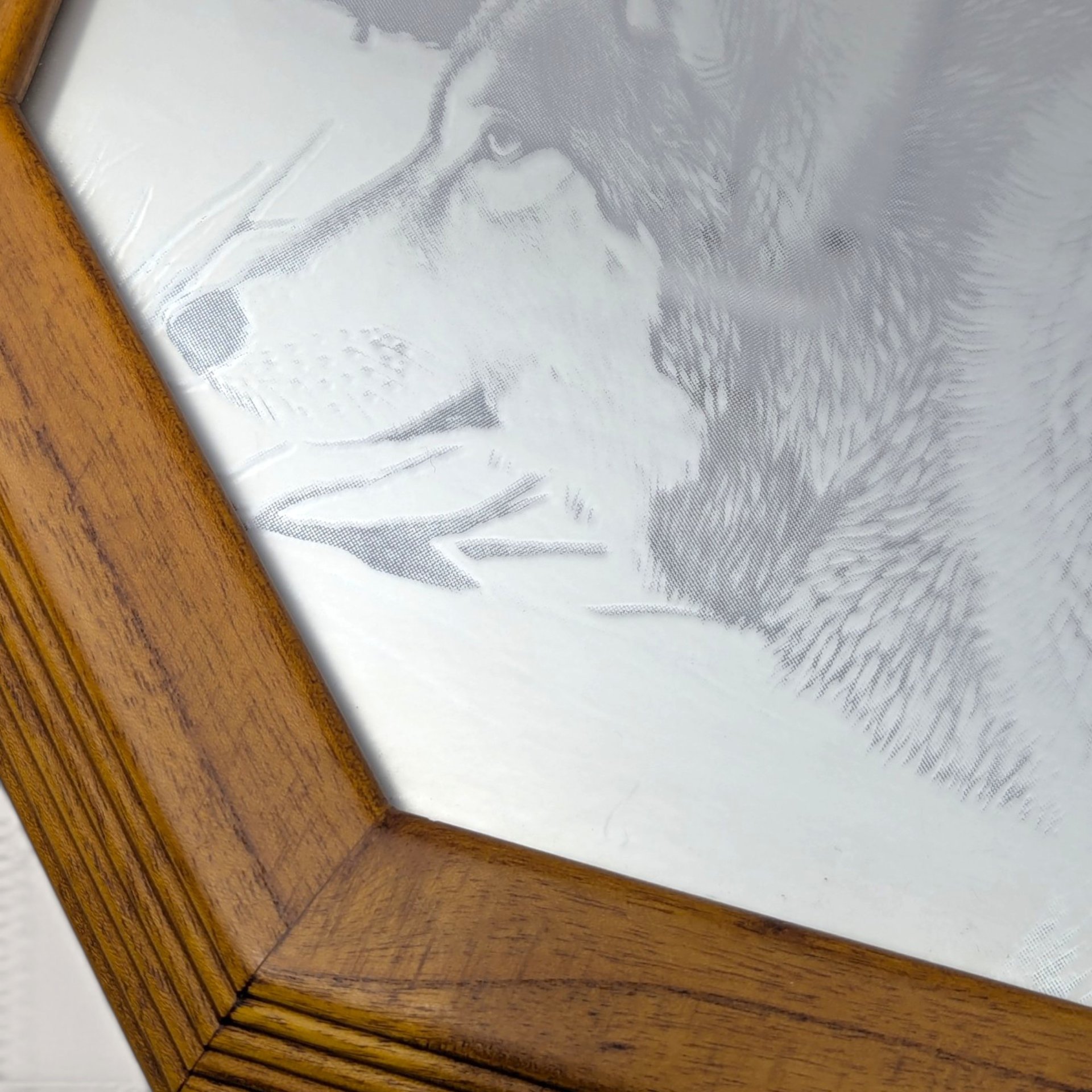 Vintage Octagon Etched Wolf Mirror Wood Frame Wall Hanging