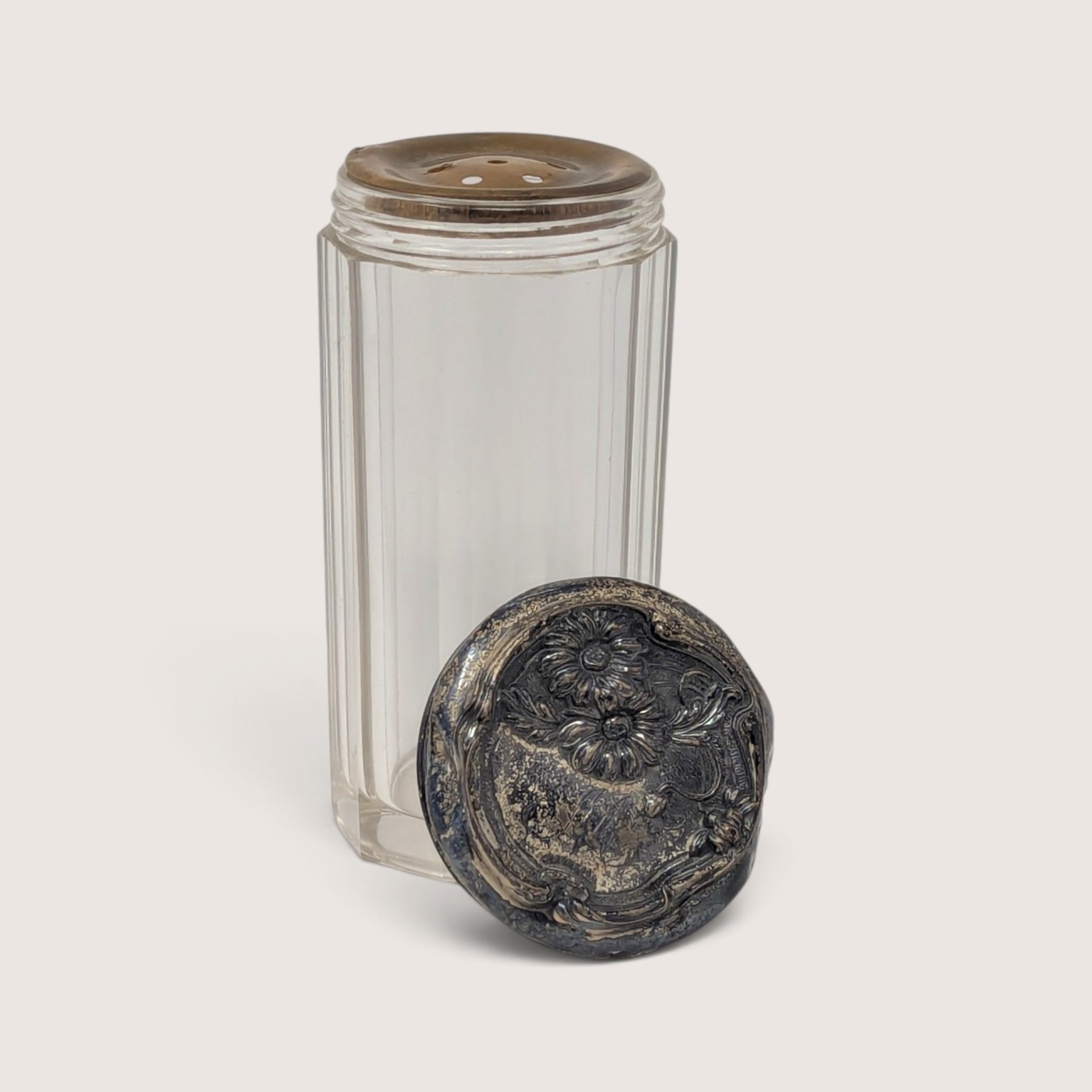 Vintage Glass Powder Shaker Embossed Metal Lid
