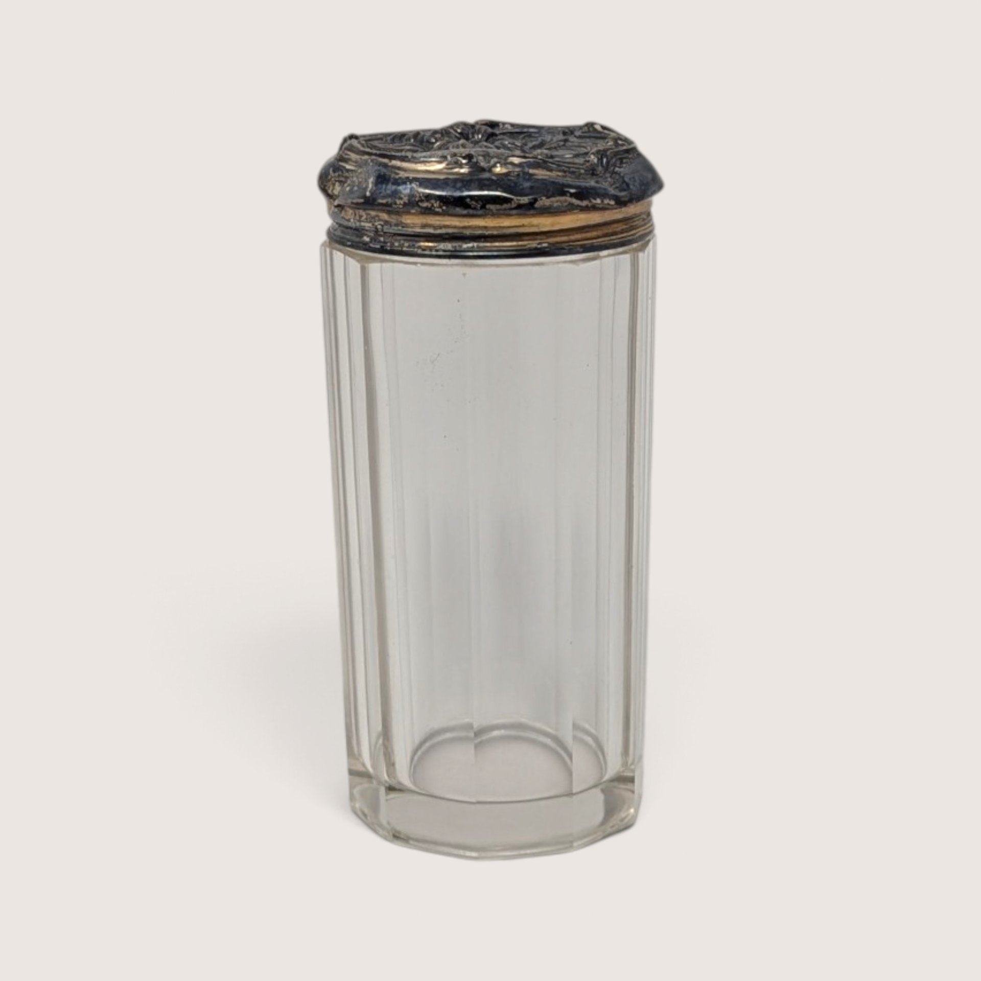 Vintage Glass Powder Shaker Embossed Metal Lid