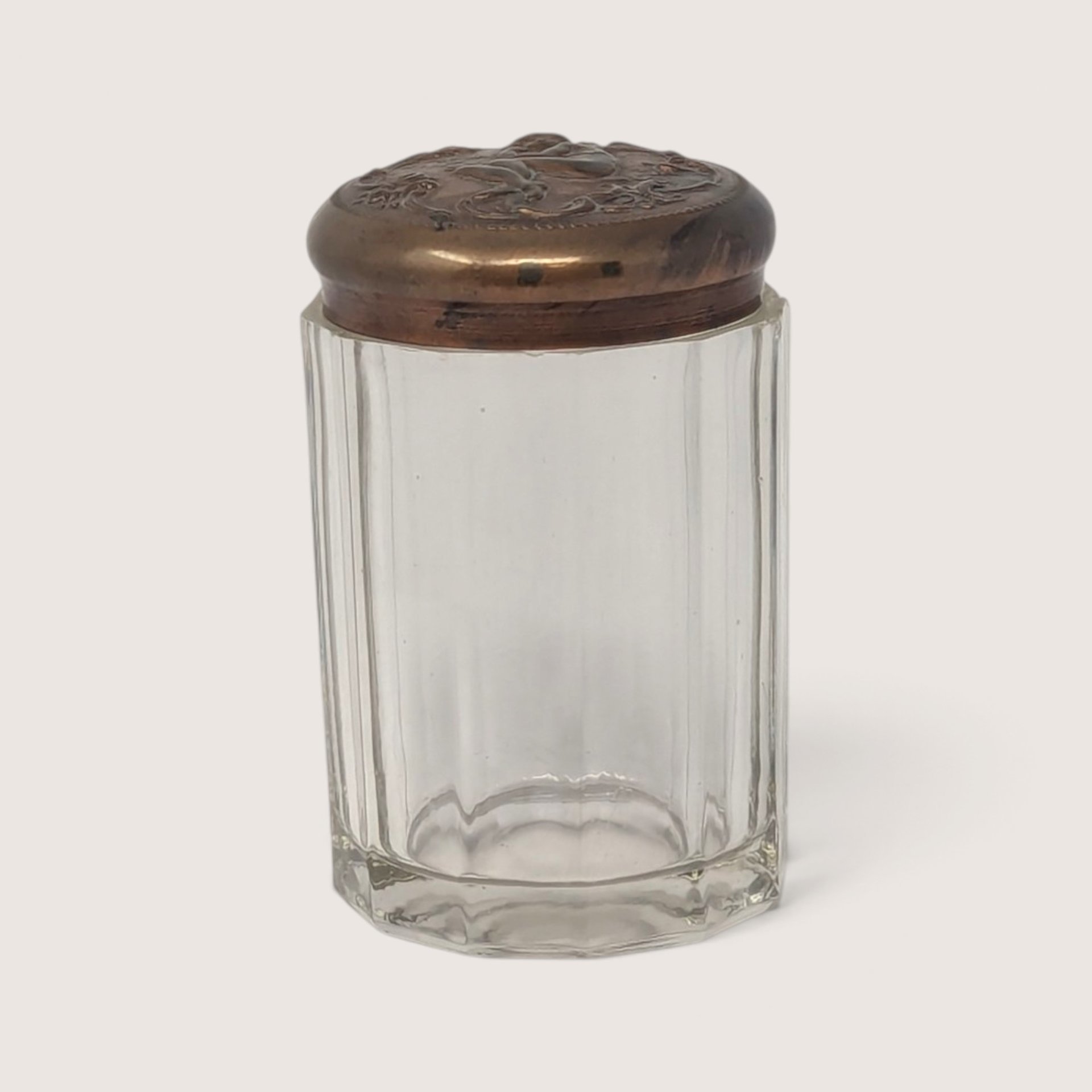 Vintage Faceted Glass Vanity Jar with Embossed Metal Lid 