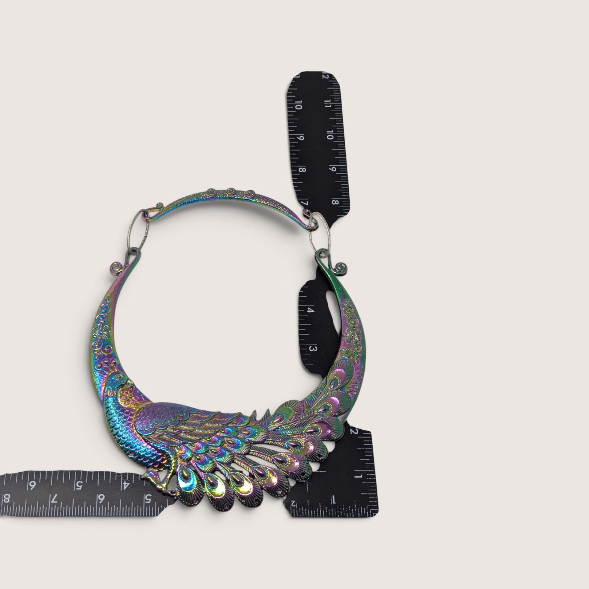 Vintage Rainbow Iridescent Metal Peacock Collar Bib Necklace