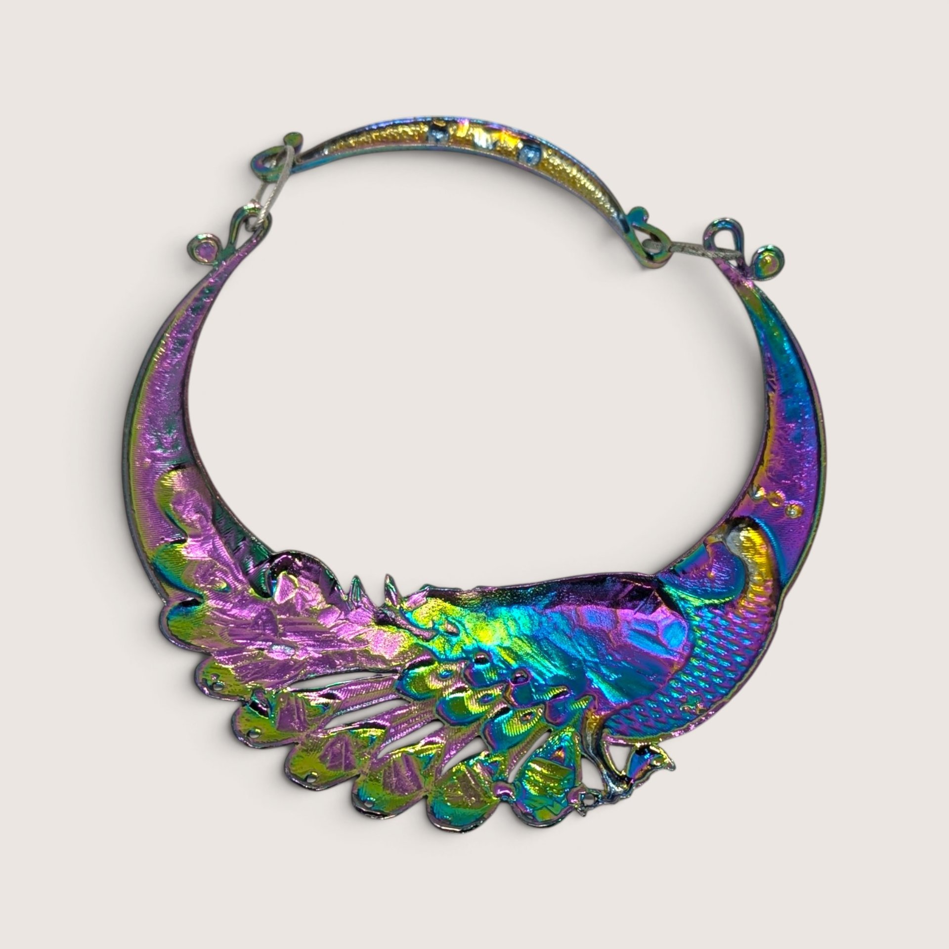 Vintage Rainbow Iridescent Metal Peacock Collar Bib Necklace