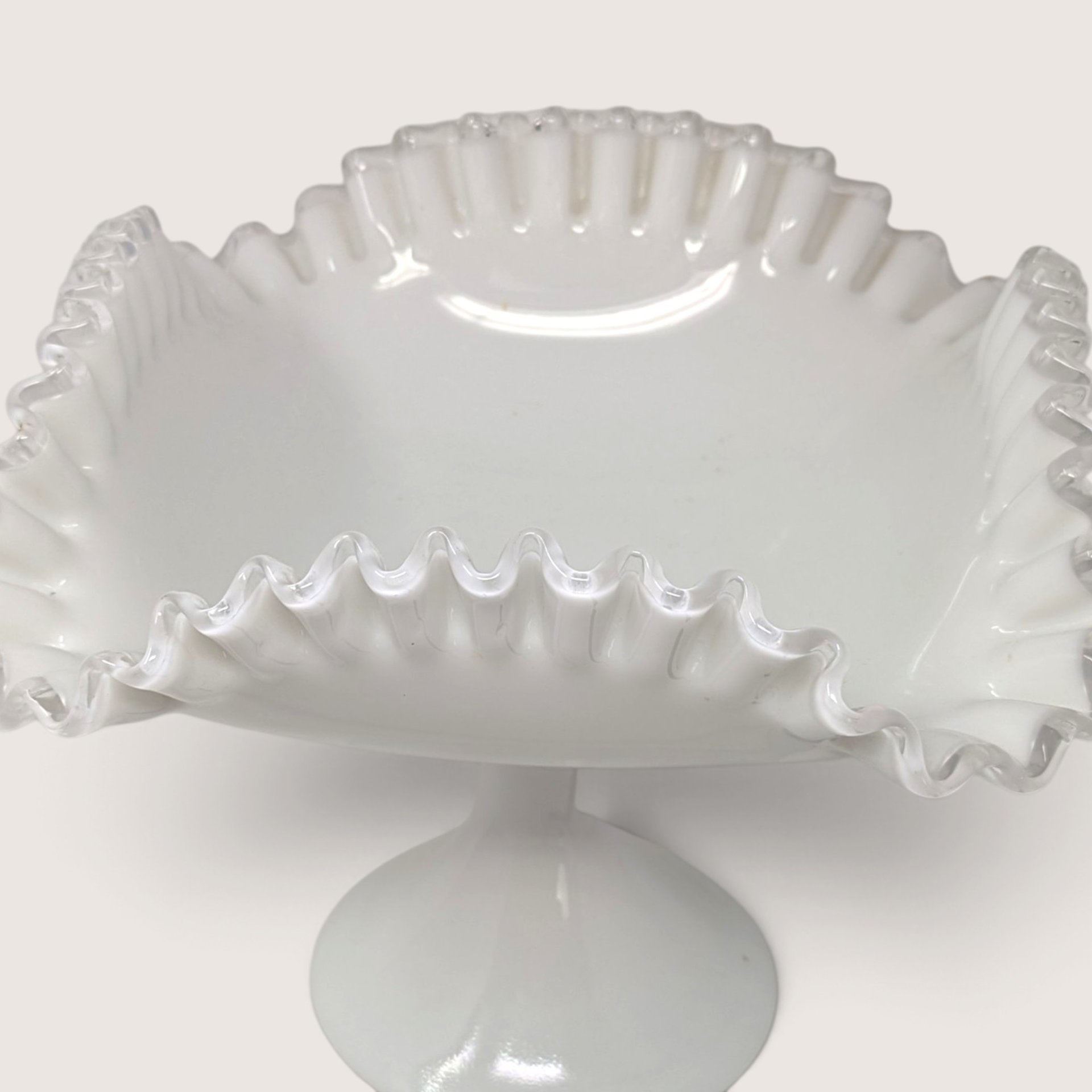 Vintage Milk Glass Pedestal Ruffled Bowl