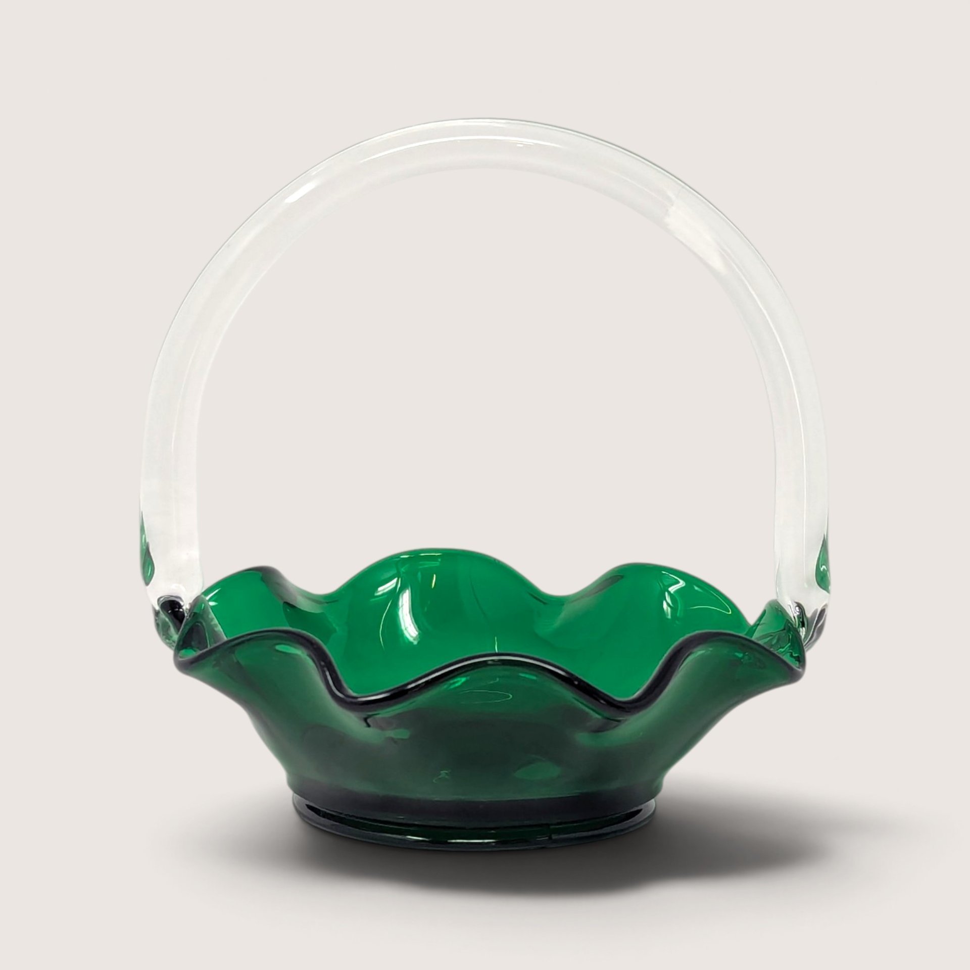 Vintage Green Glass Basket with Clear Applied Handle