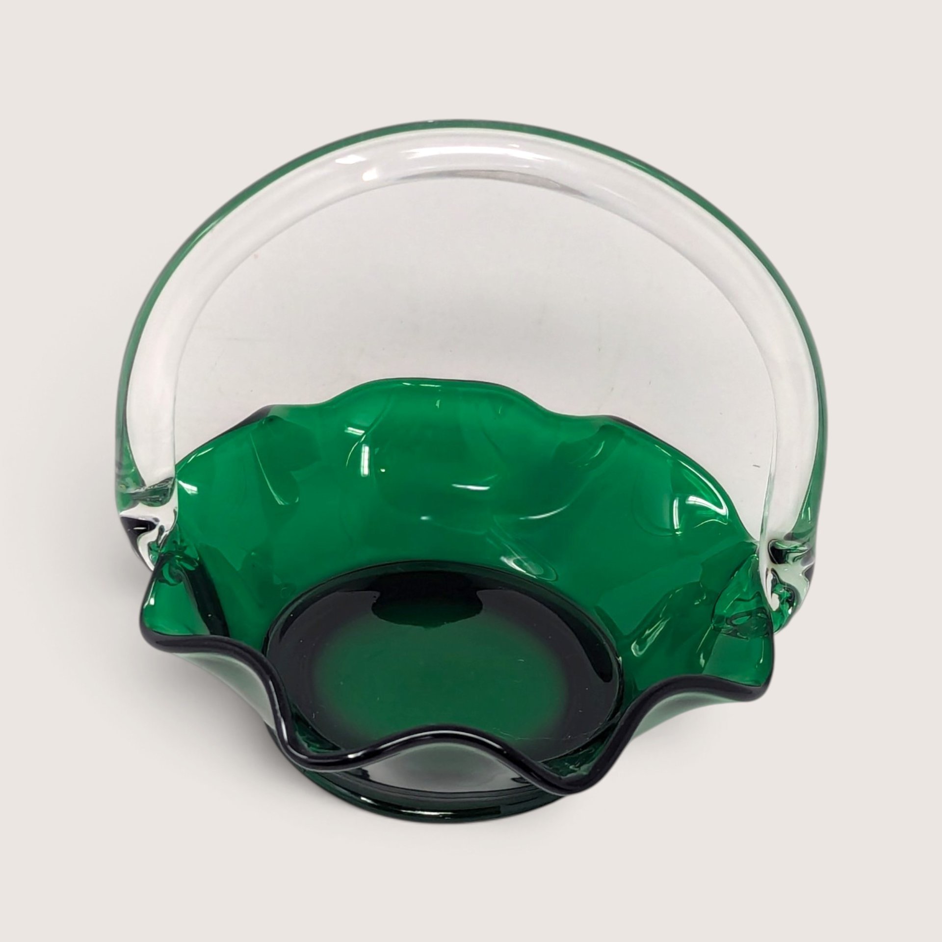 Vintage Green Glass Basket with Clear Applied Handle