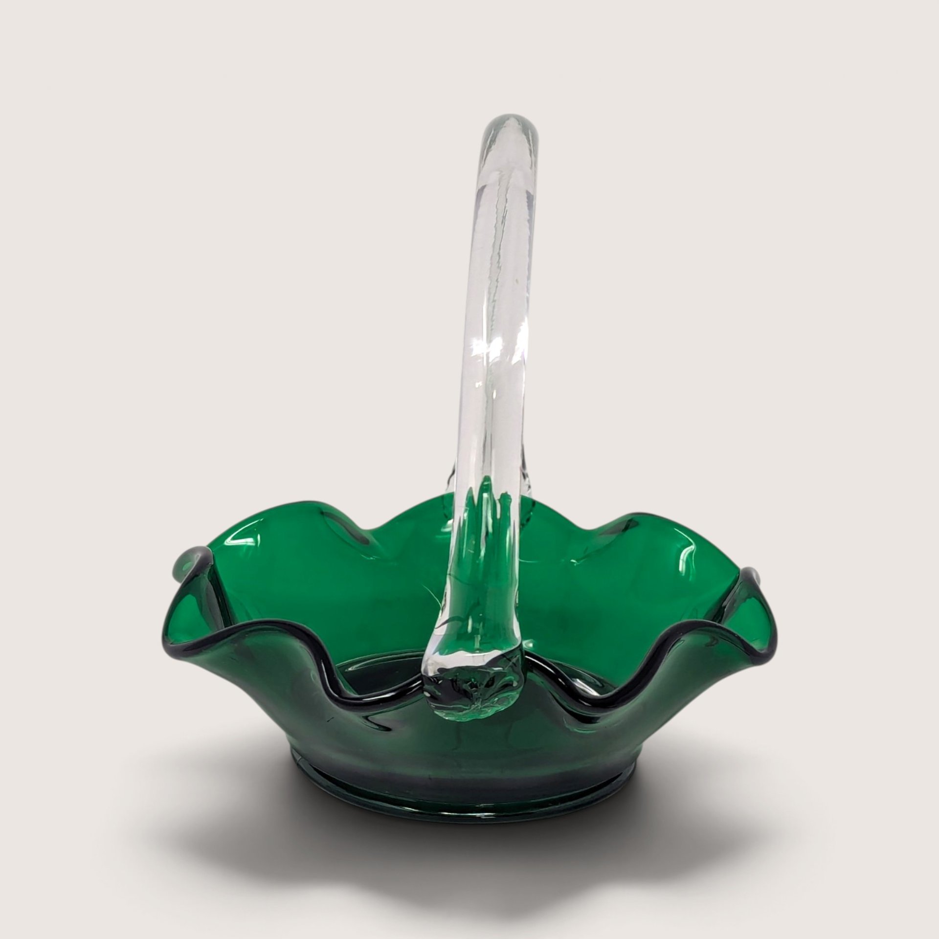Vintage Green Glass Basket with Clear Applied Handle