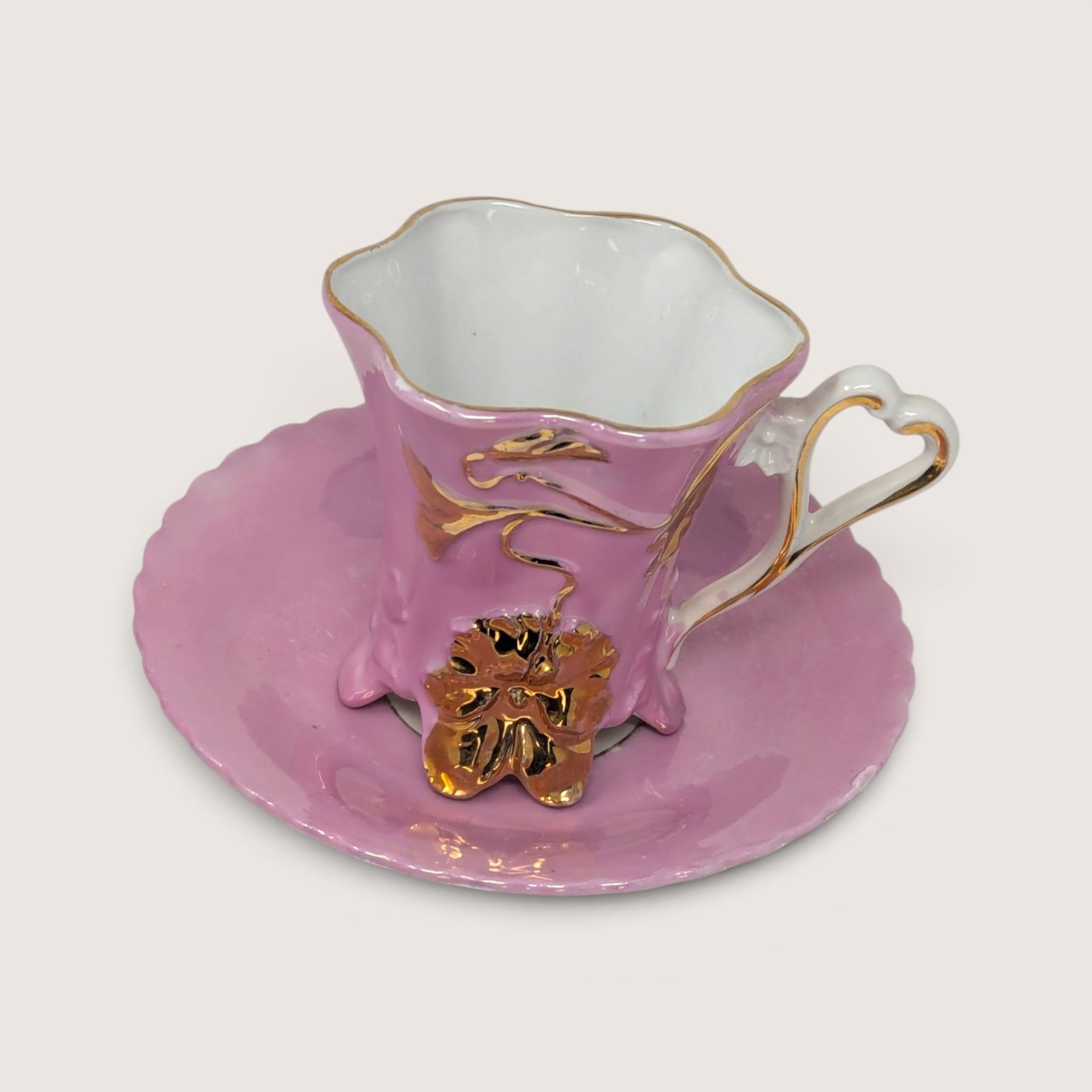 Vintage Pink Gold Footed Floral Teacup and Saucer Set