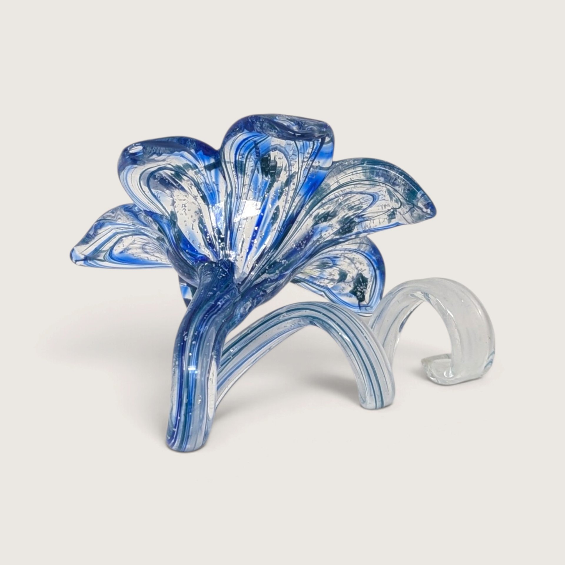 Vintage Blue Art Glass Flower Figurine With Scrolled Stem