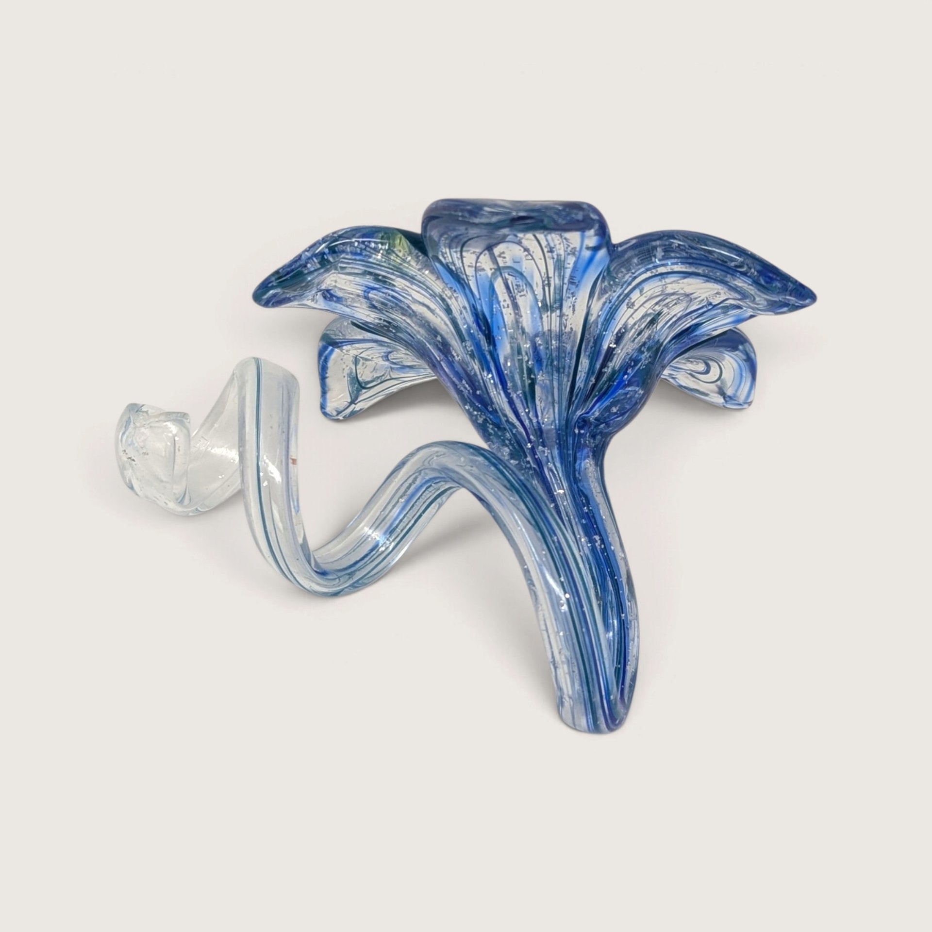 Vintage Blue Art Glass Flower Figurine With Scrolled Stem