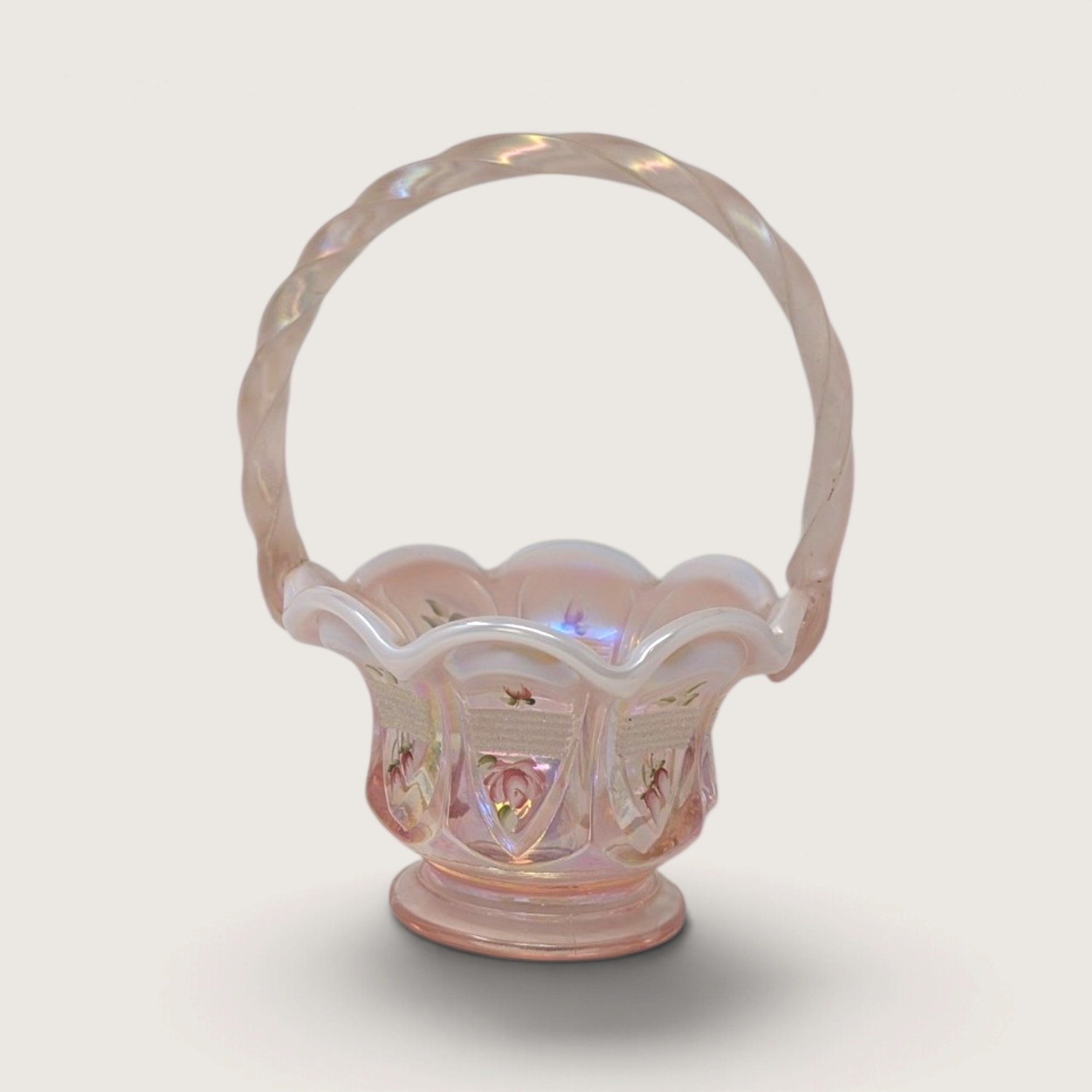 Vintage Fenton Handpainted Pink Floral Glass Basket Signed