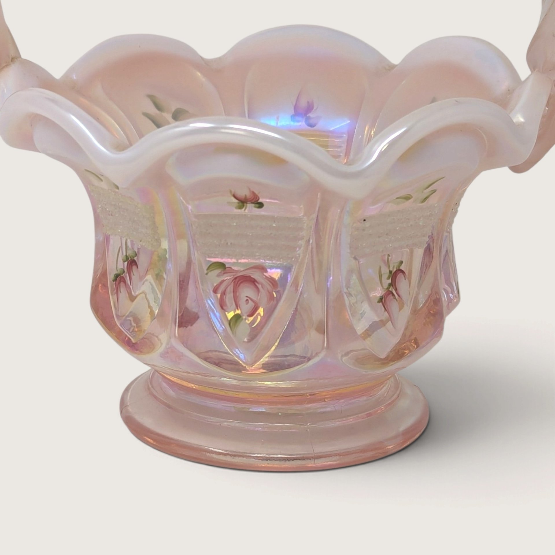 Vintage Fenton Handpainted Pink Floral Glass Basket Signed