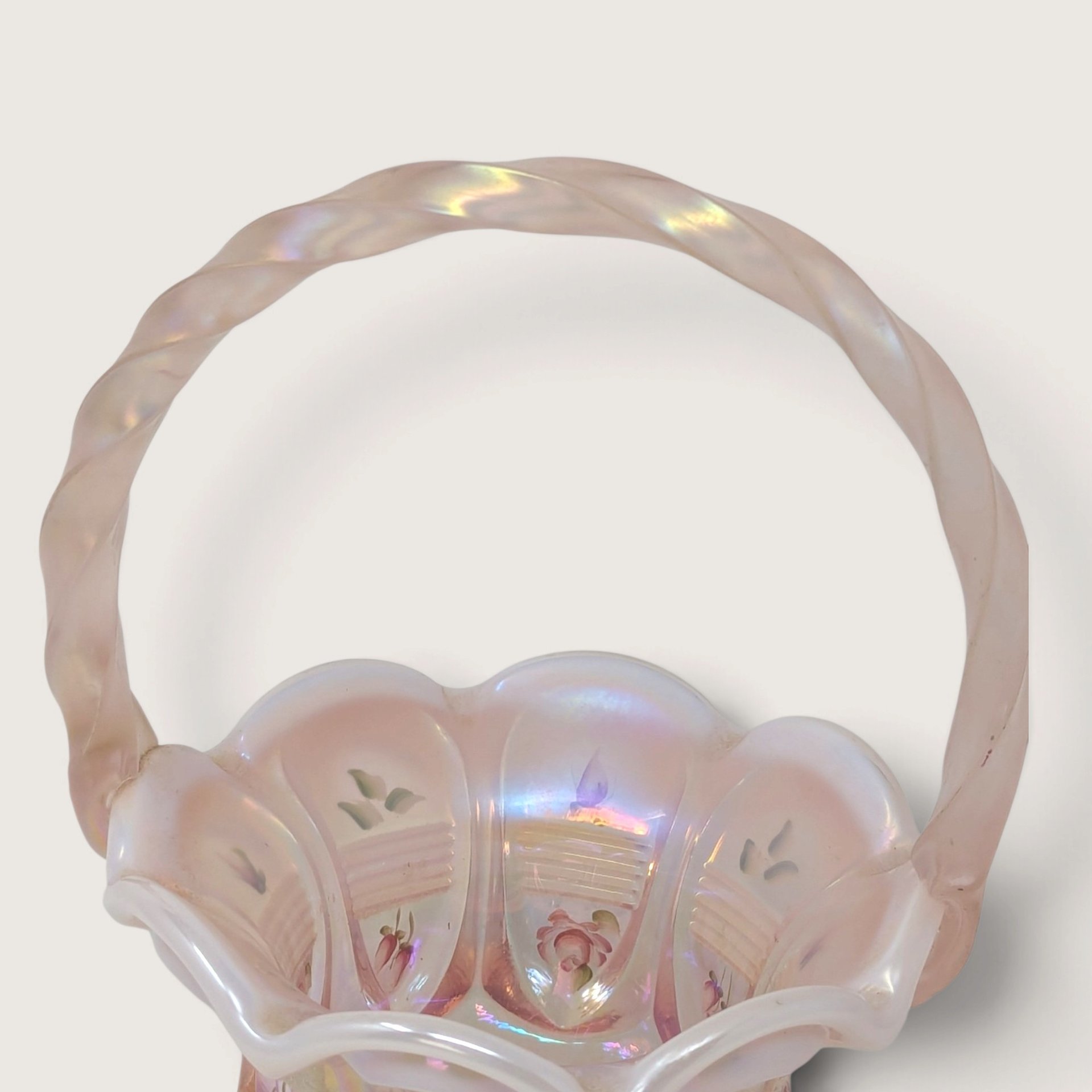 Vintage Fenton Handpainted Pink Floral Glass Basket Signed