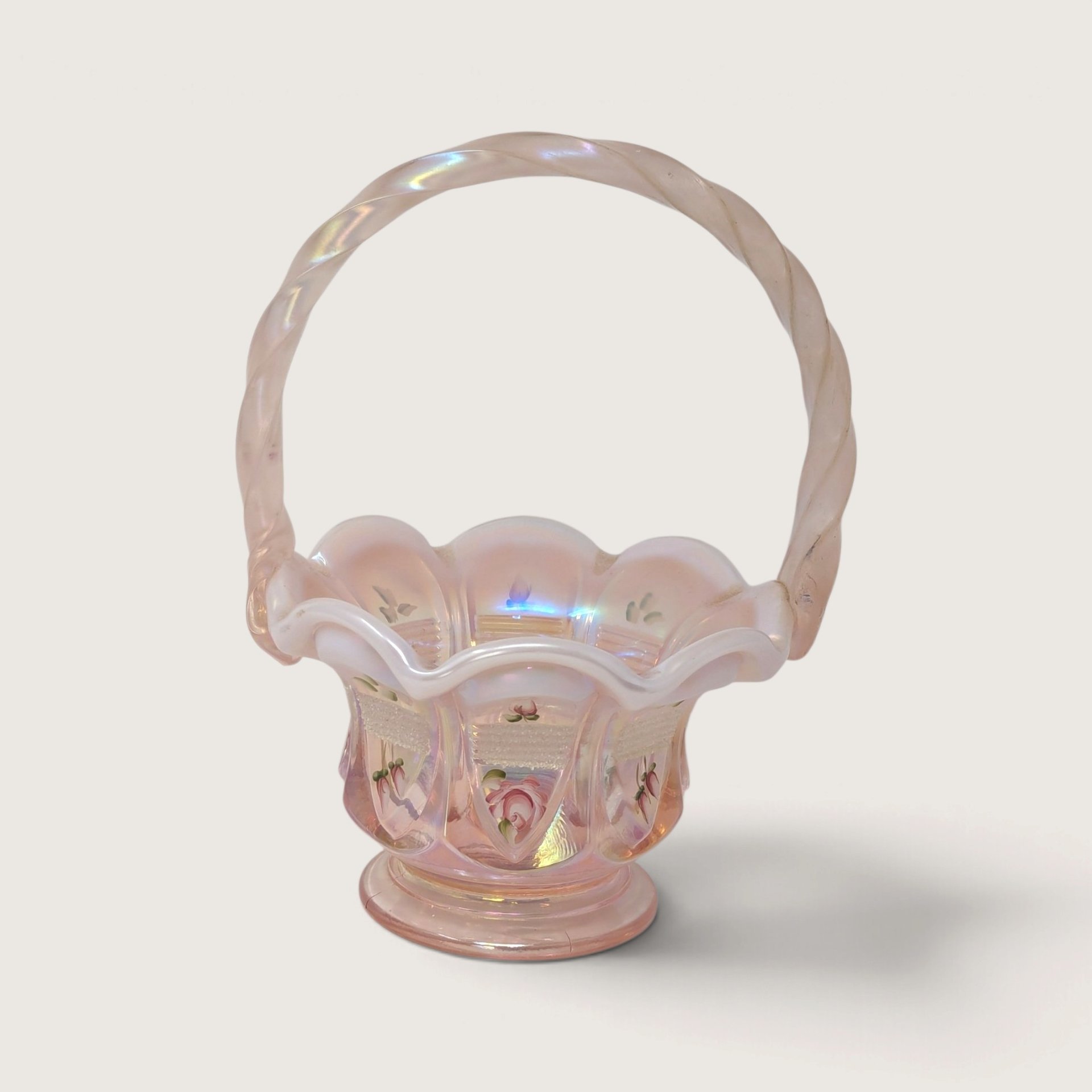 Vintage Fenton Handpainted Pink Floral Glass Basket Signed