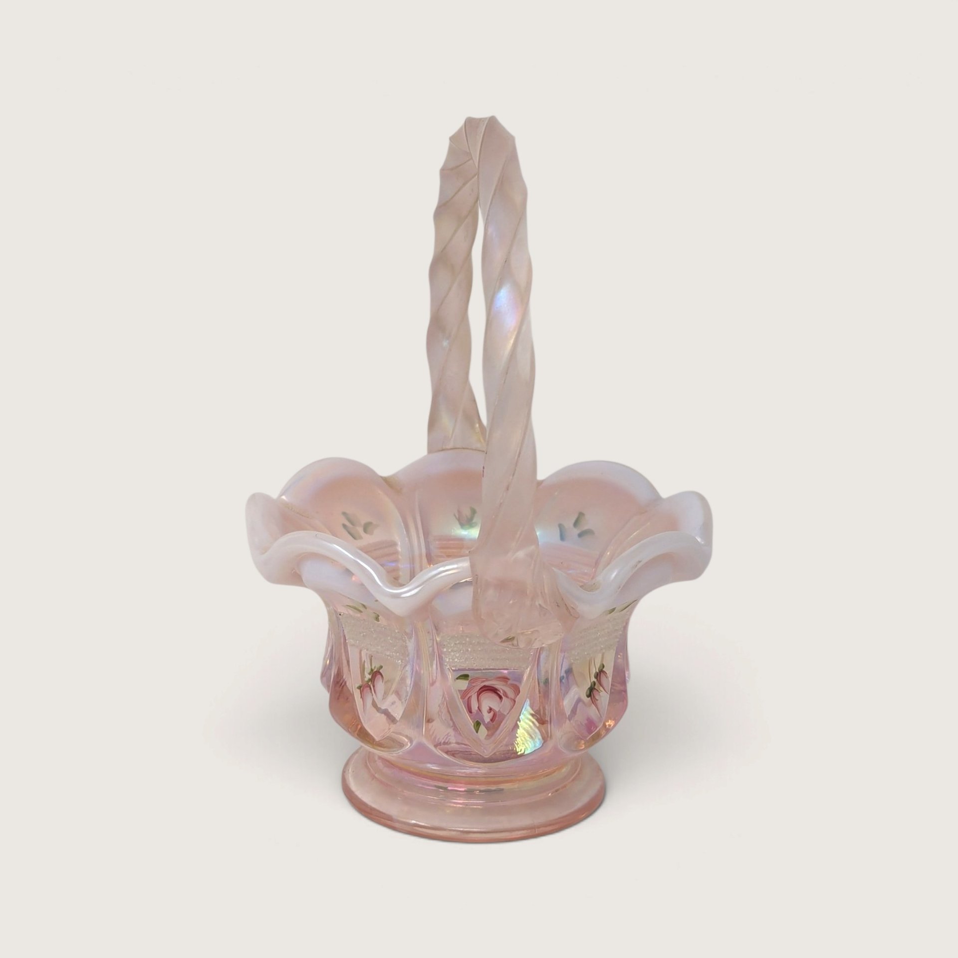 Vintage Fenton Handpainted Pink Floral Glass Basket Signed
