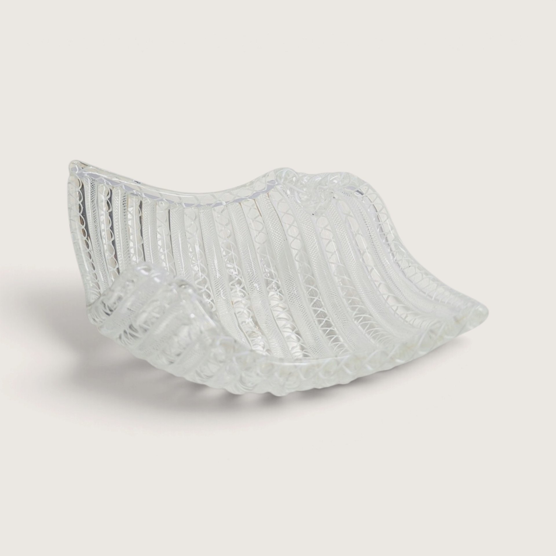 Vintage White Latticino Ribbed Handkerchief Folded Art Glass