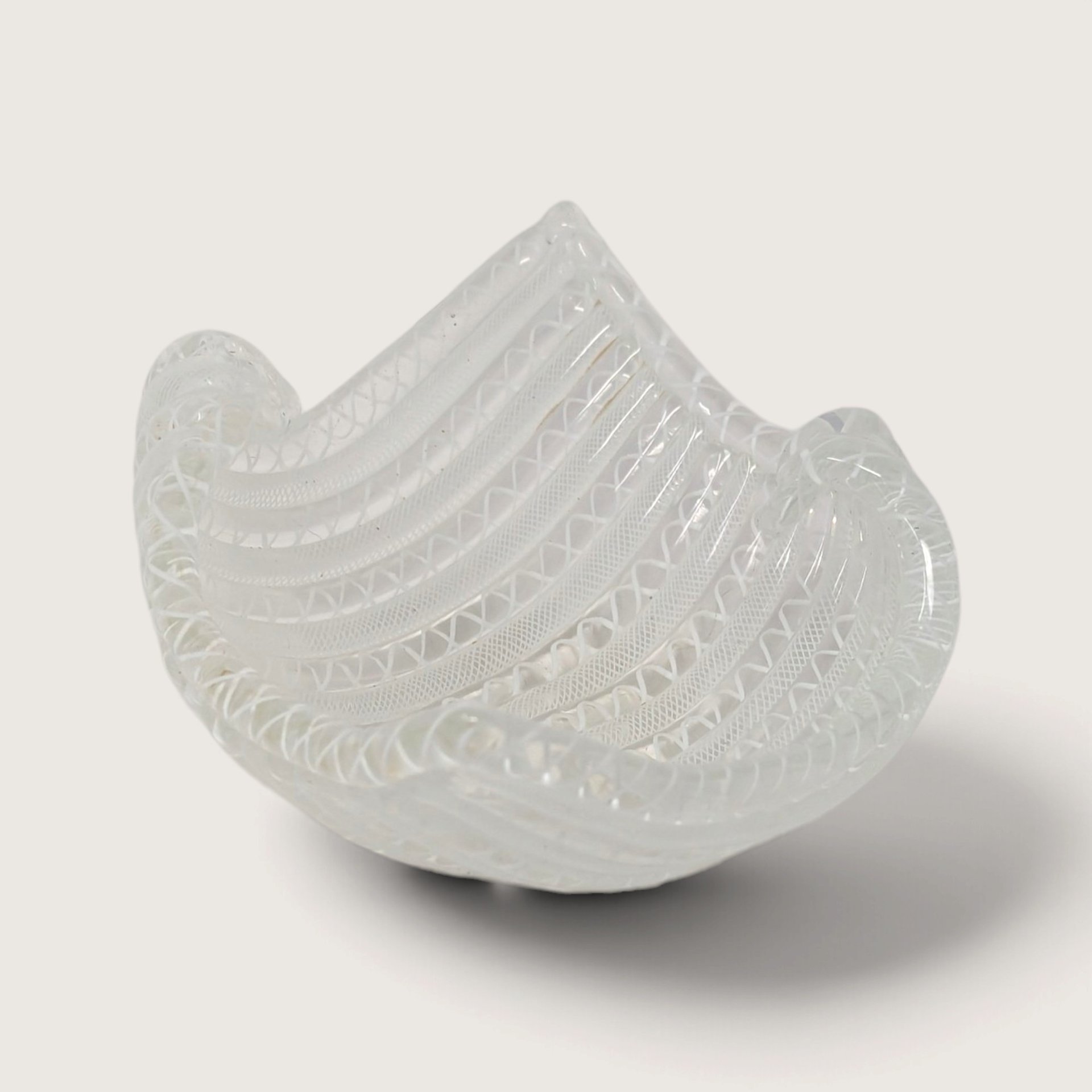 Vintage White Latticino Ribbed Handkerchief Folded Art Glass