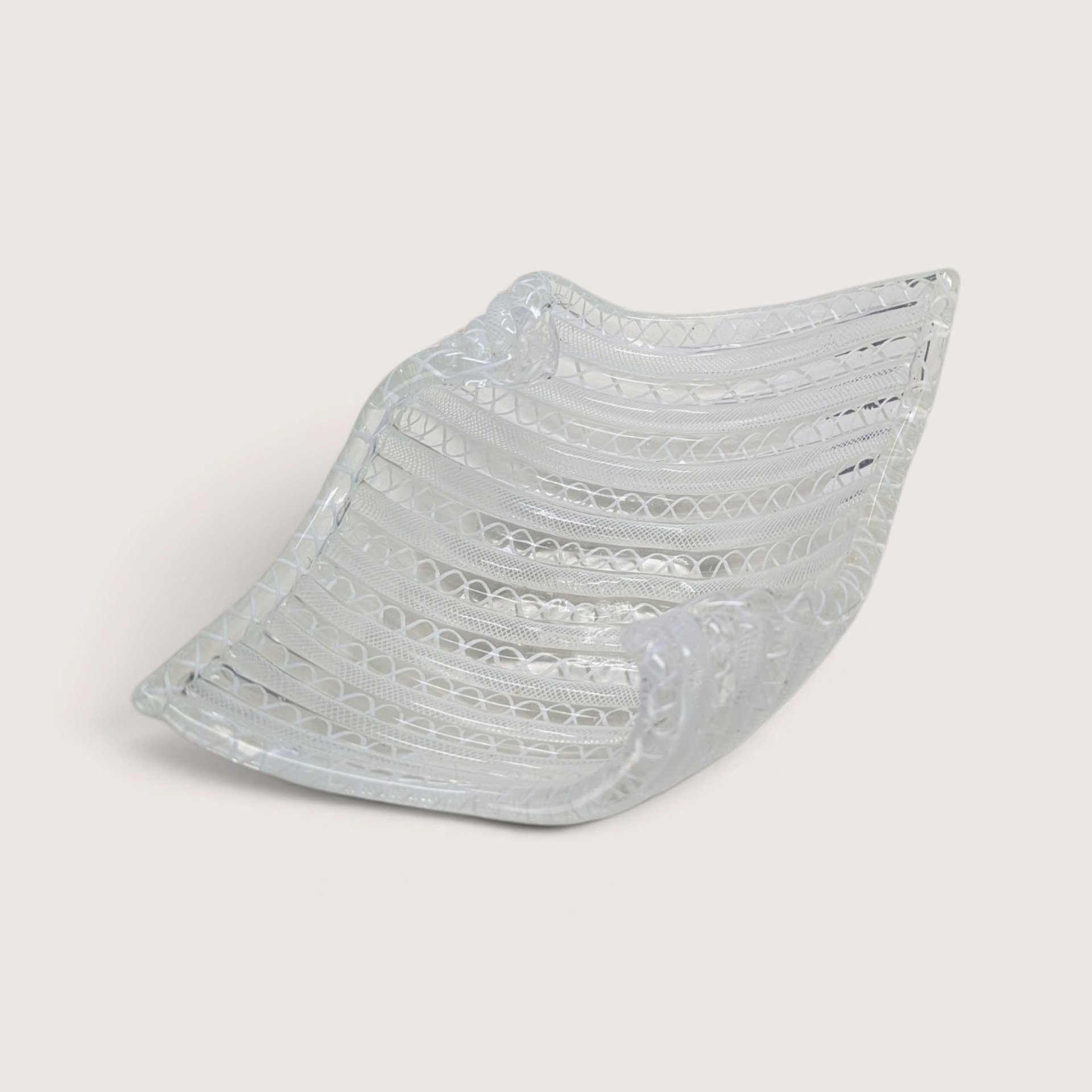 Vintage White Latticino Ribbed Handkerchief Folded Art Glass
