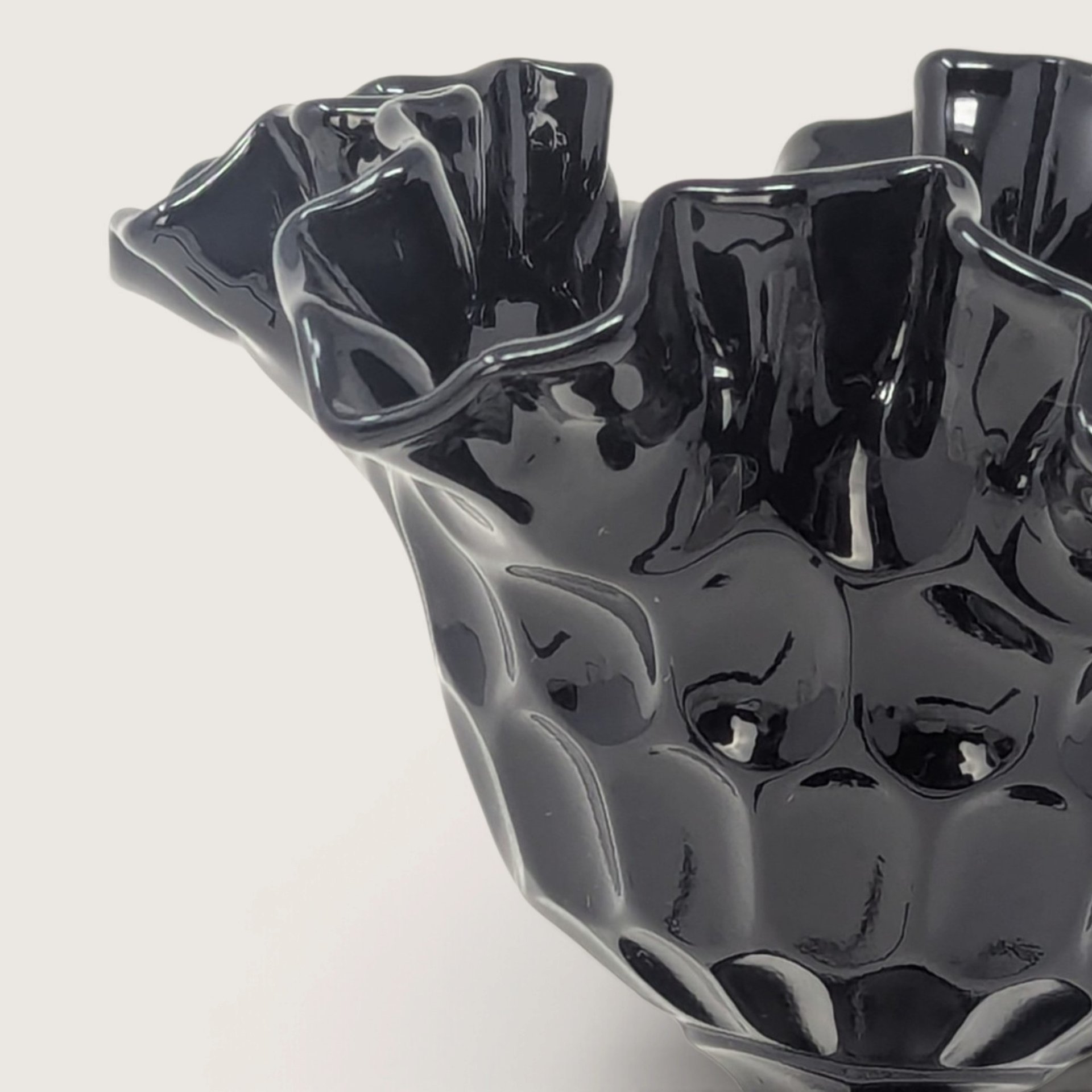 Vintage Fenton Black Glass Thumbprint Ruffled Pedestal Dish