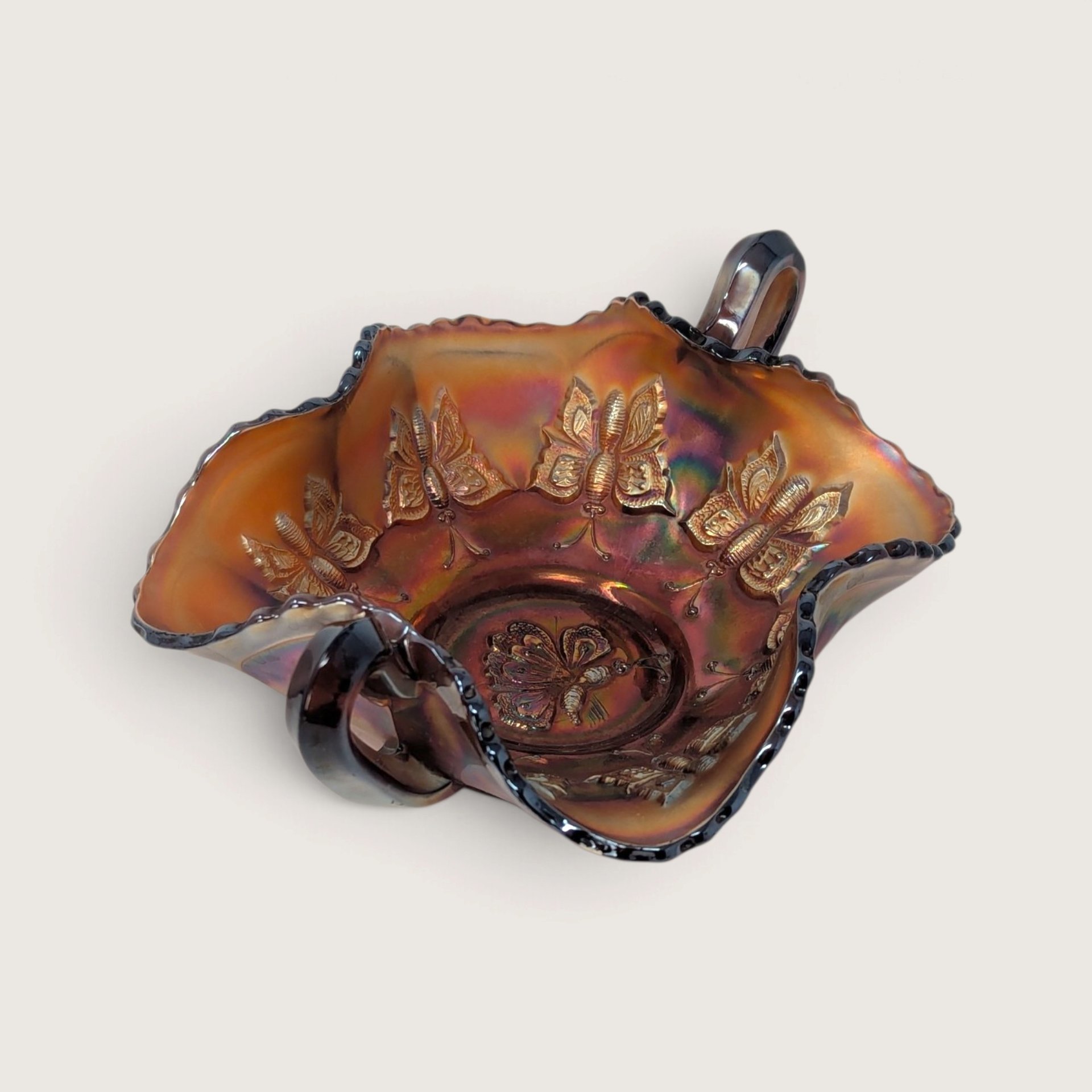 Antique Fenton Marigold Butterfly Carnival Glass Handled Bon Bon Dish