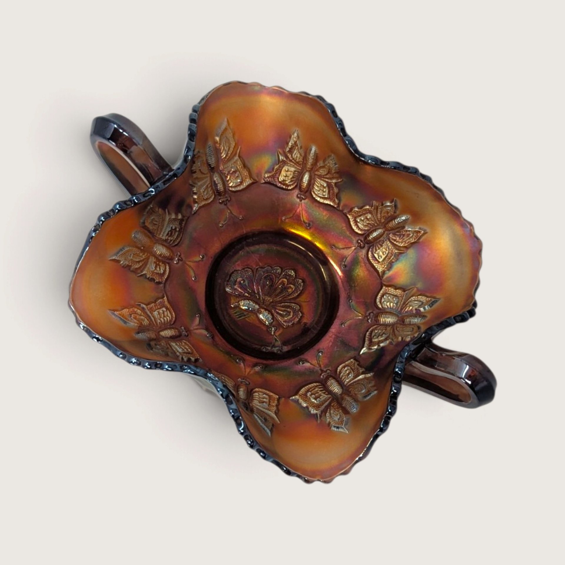 Antique Fenton Marigold Butterfly Carnival Glass Handled Bon Bon Dish