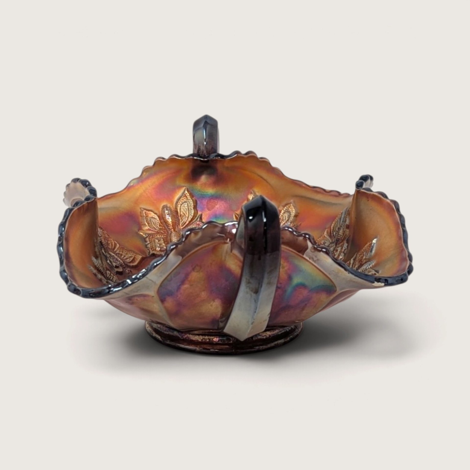 Antique Fenton Marigold Butterfly Carnival Glass Handled Bon Bon Dish