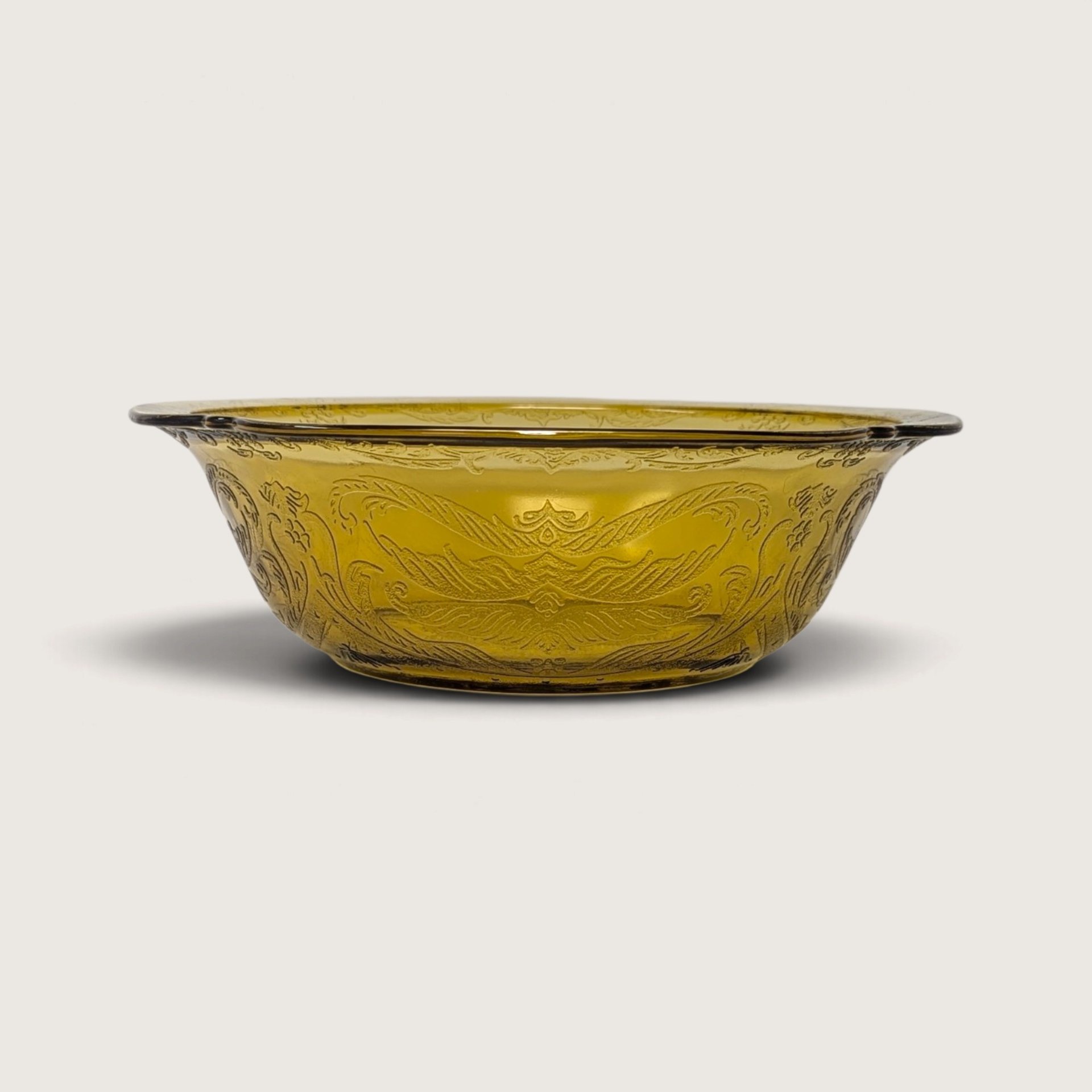 Vintage Yellow Glass Bowl Madrid Pattern Scroll Serving Dish