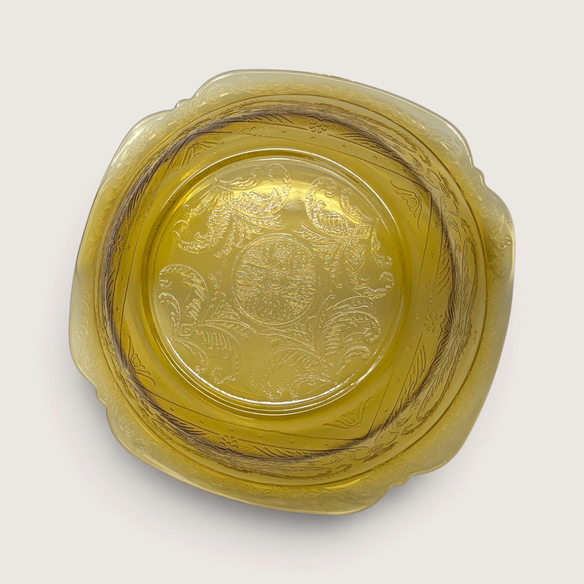 Vintage Yellow Glass Bowl Madrid Pattern Scroll Serving Dish