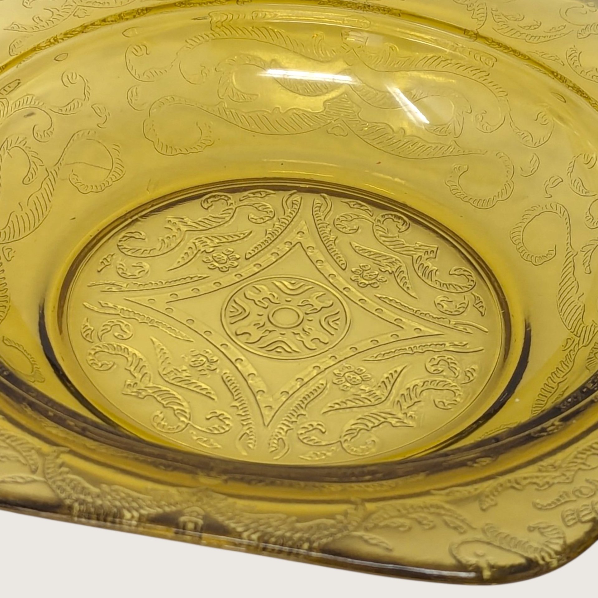 Vintage Yellow Glass Butter Dish Madrid Pattern Scroll Covered Dish
