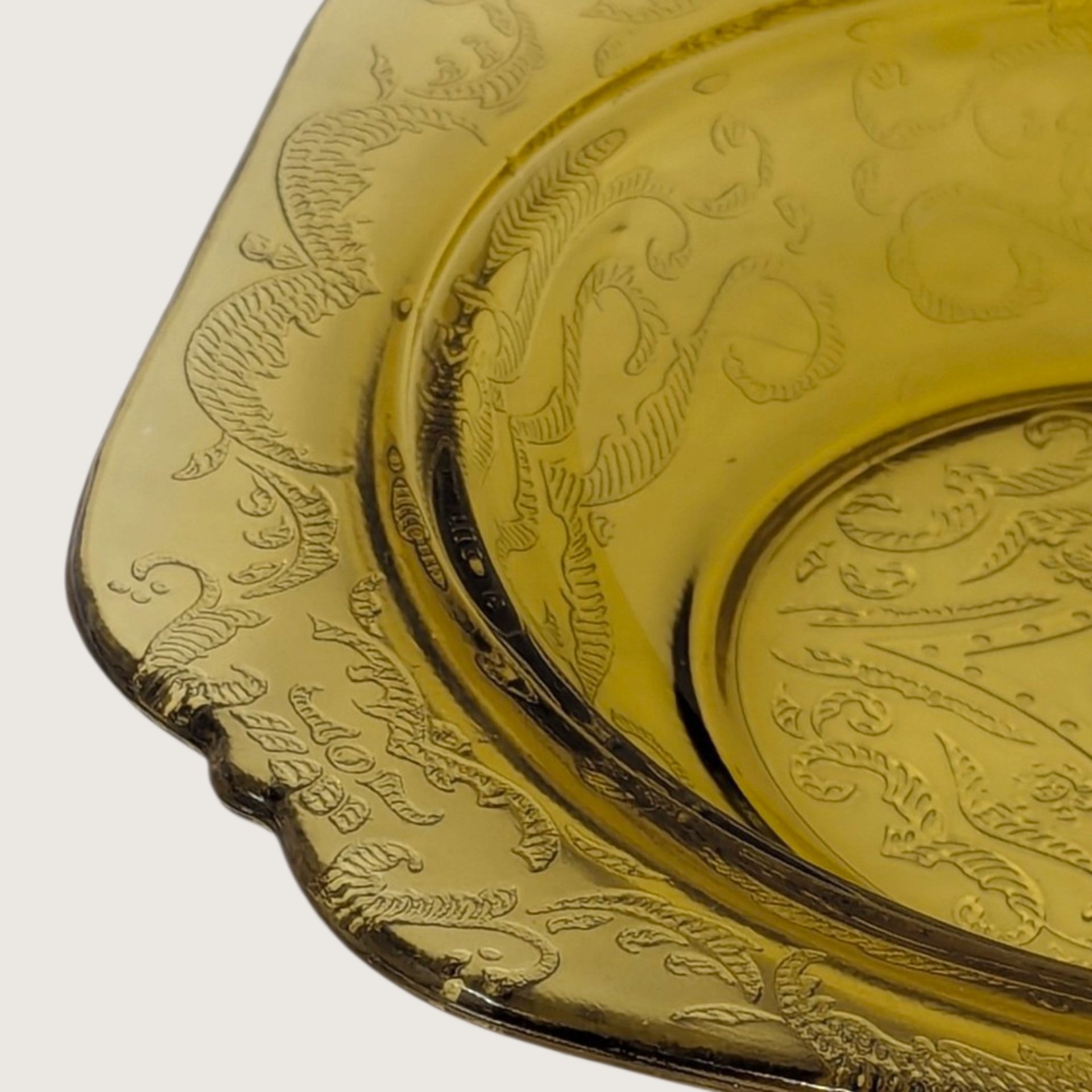 Vintage Yellow Glass Butter Dish Madrid Pattern Scroll Covered Dish