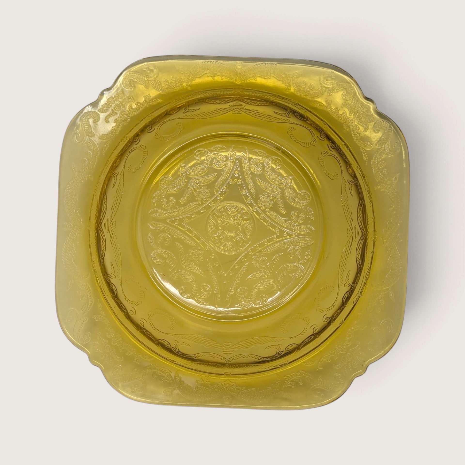 Vintage Yellow Glass Butter Dish Madrid Pattern Scroll Covered Dish