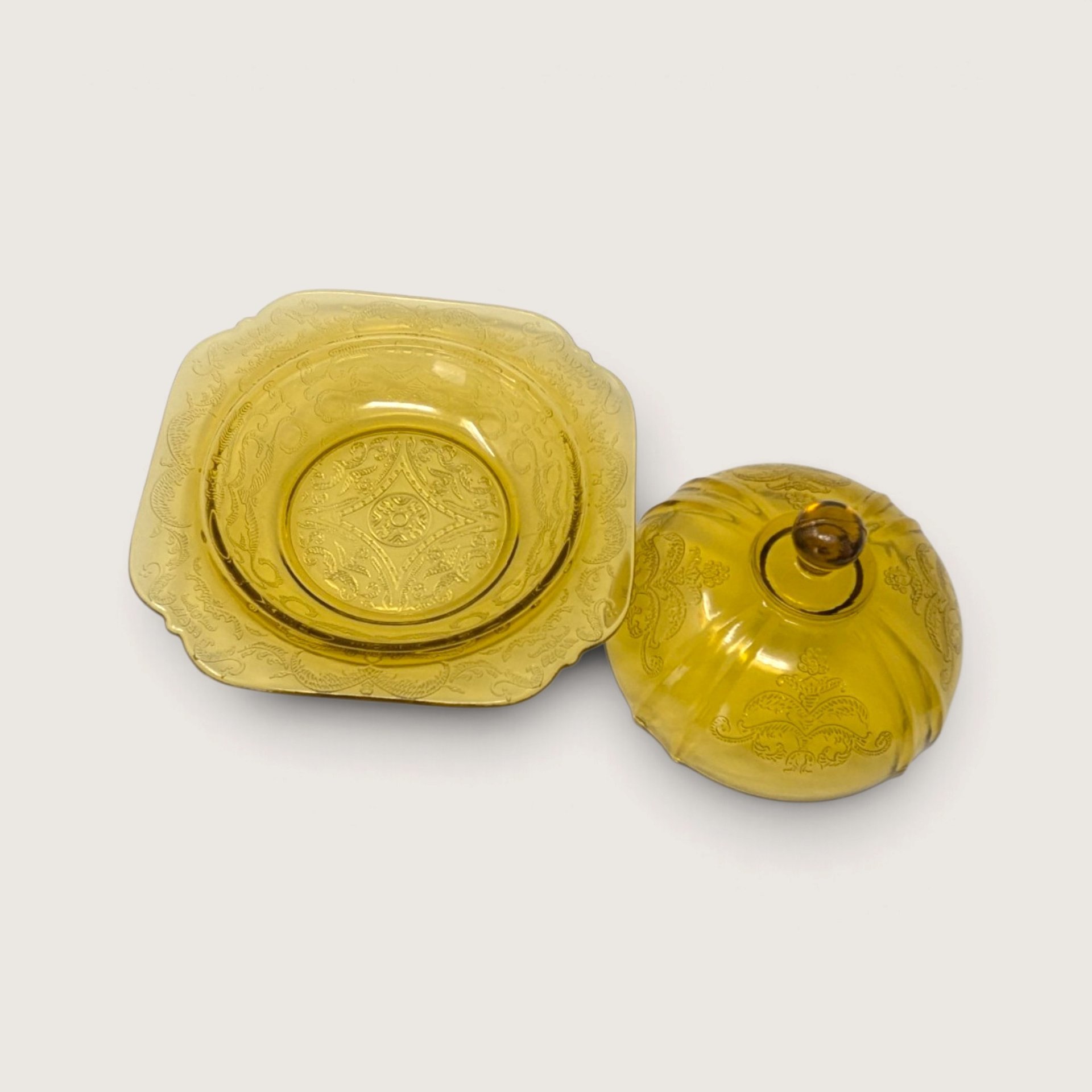 Vintage Yellow Glass Butter Dish Madrid Pattern Scroll Covered Dish