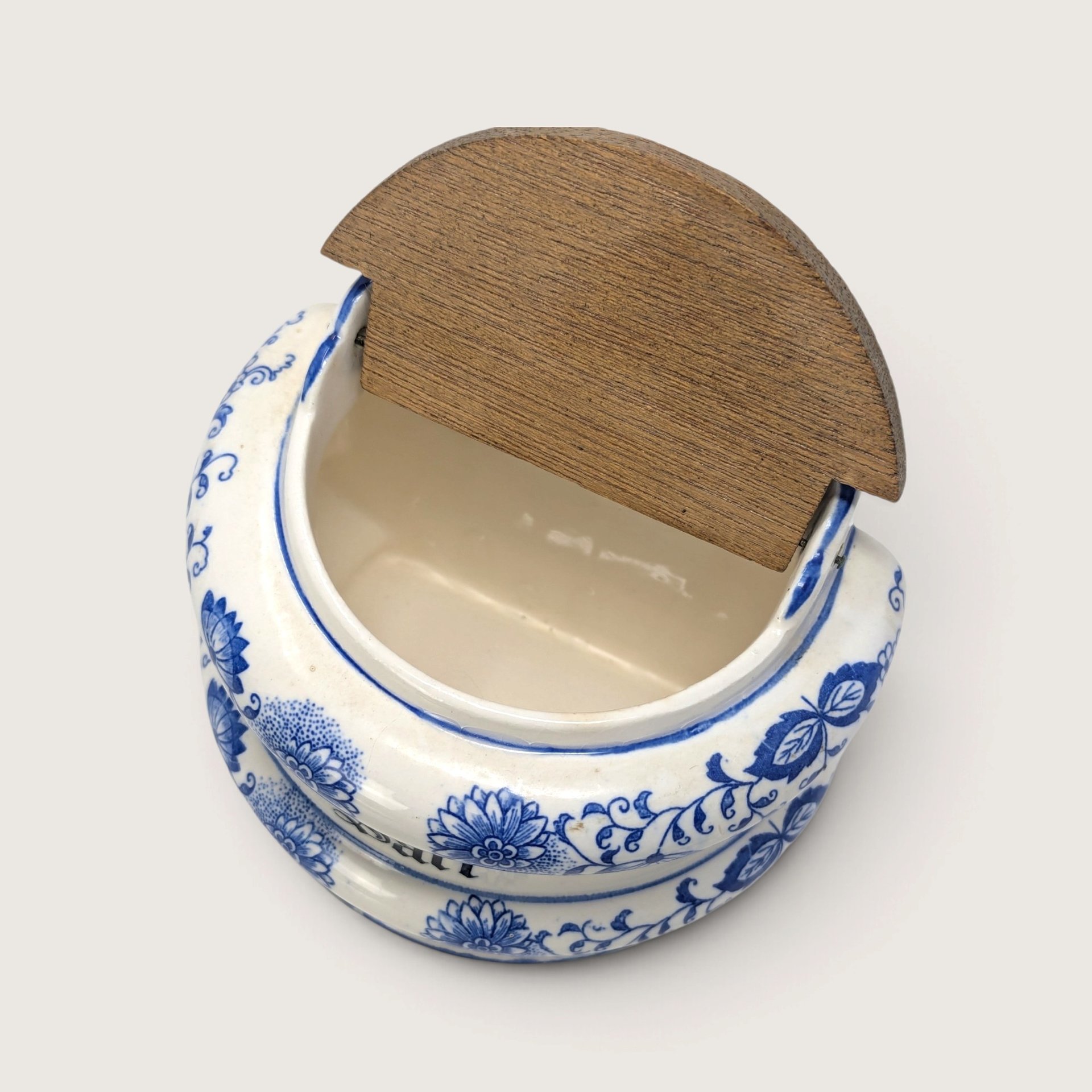 Vintage Blue and White Ceramic Wall Salt Bin with Wooden Lid