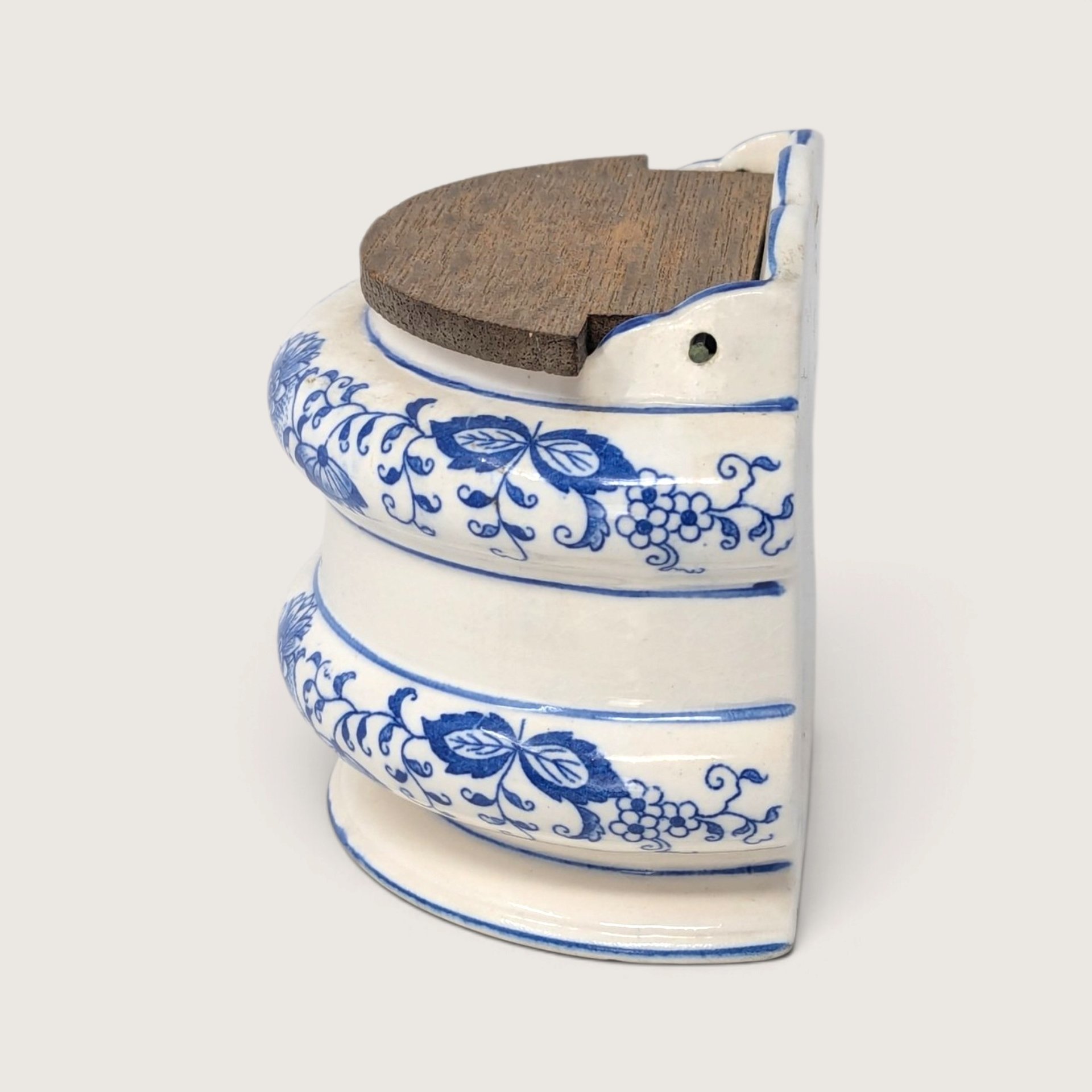 Vintage Blue and White Ceramic Wall Salt Bin with Wooden Lid