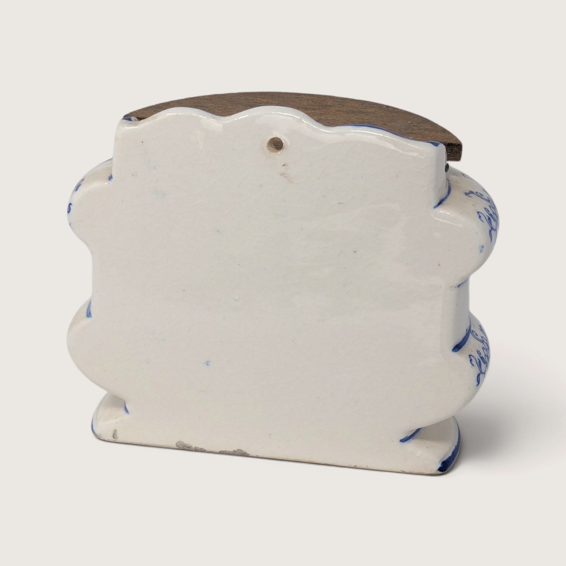 Vintage Blue and White Ceramic Wall Salt Bin with Wooden Lid