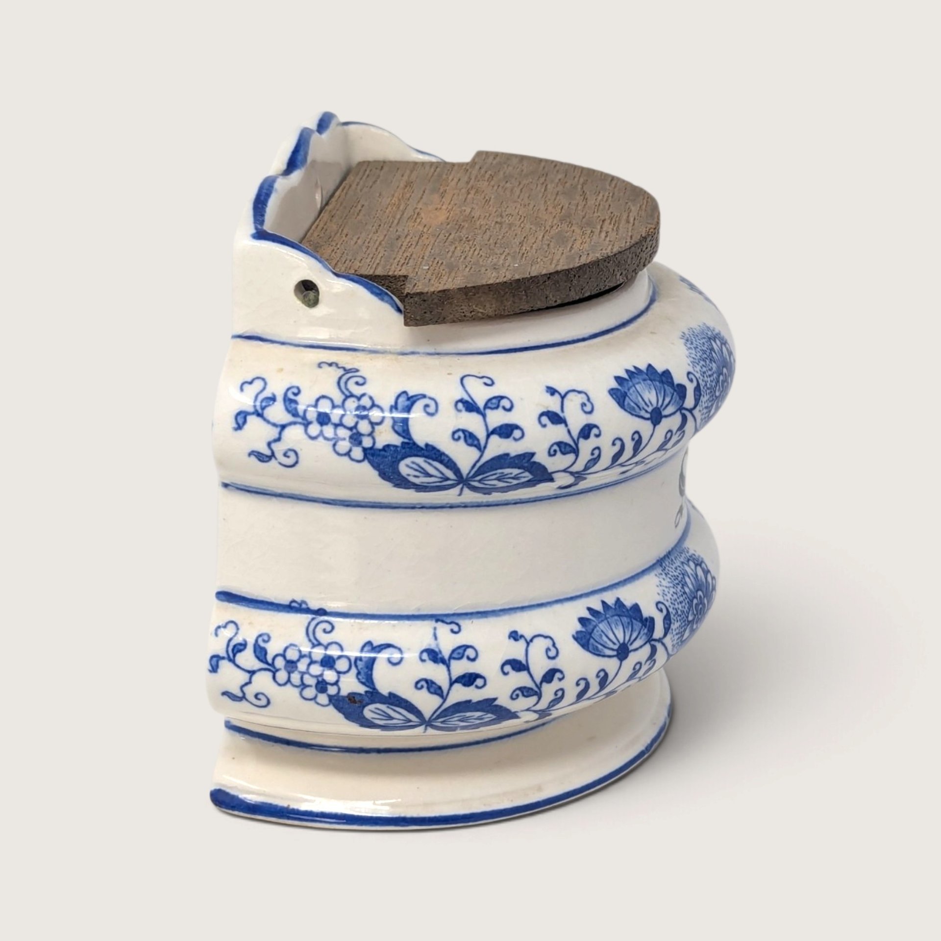 Vintage Blue and White Ceramic Wall Salt Bin with Wooden Lid
