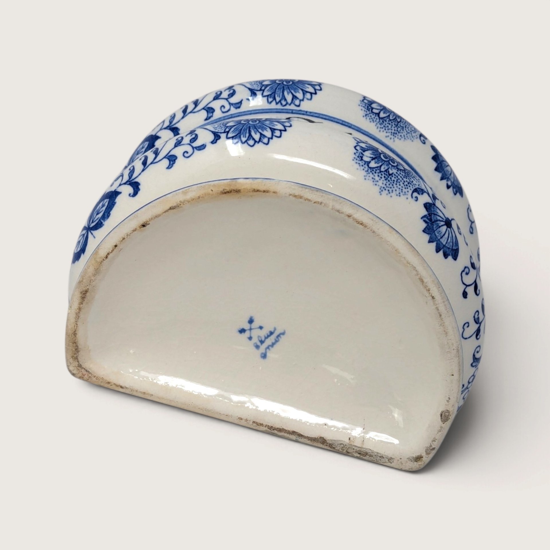 Vintage Blue and White Ceramic Wall Salt Bin with Wooden Lid