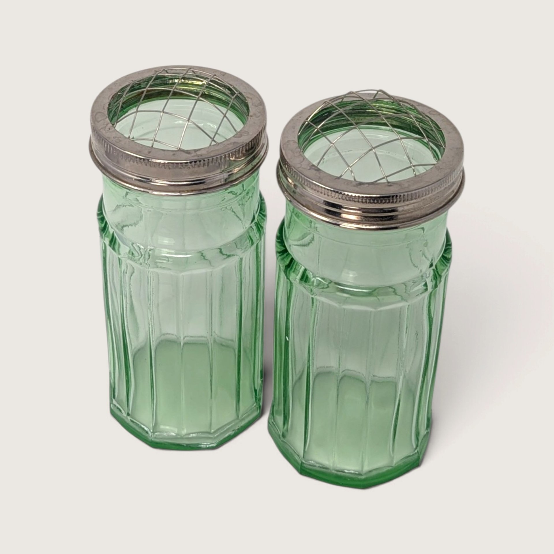 Vintage Pair of Green Glass Flower Frog Vases with Wire Lids