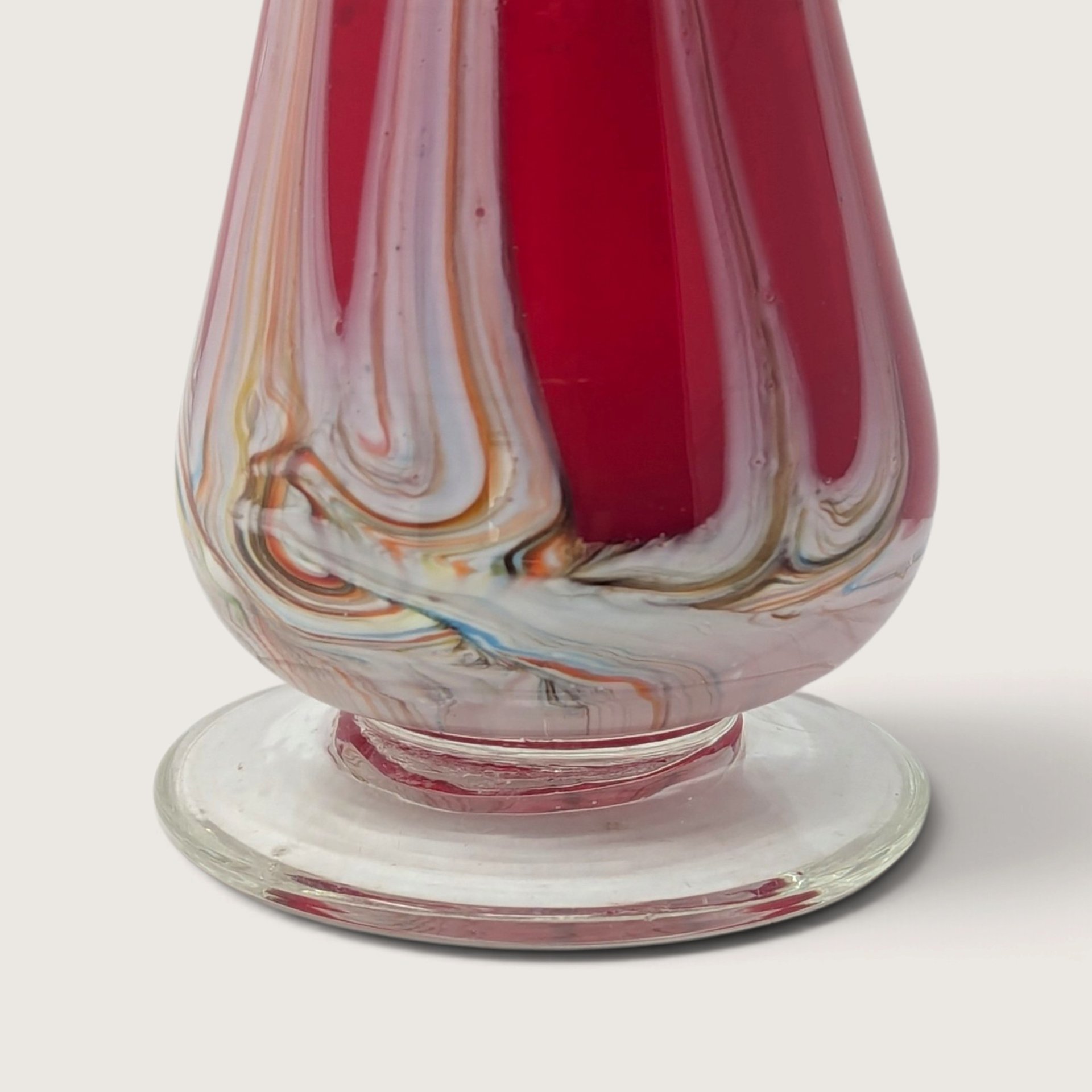 Vintage Red Swirl Glass Bud Vase Ruffled Rim Art Glass