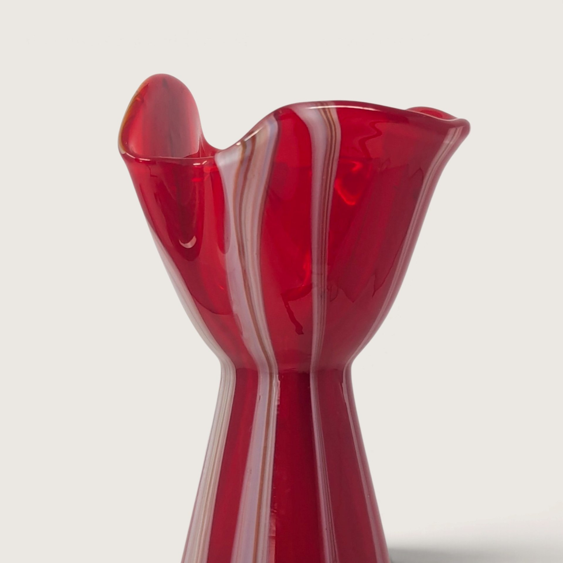 Vintage Red Swirl Glass Bud Vase Ruffled Rim Art Glass