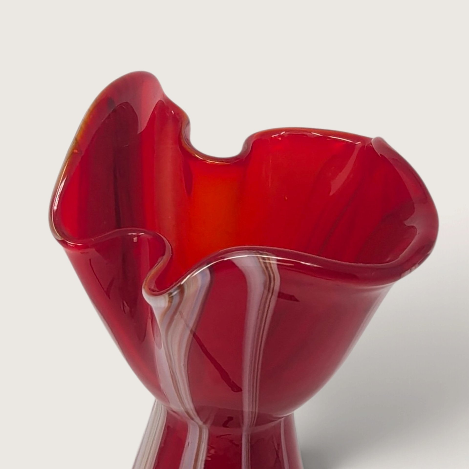 Vintage Red Swirl Glass Bud Vase Ruffled Rim Art Glass